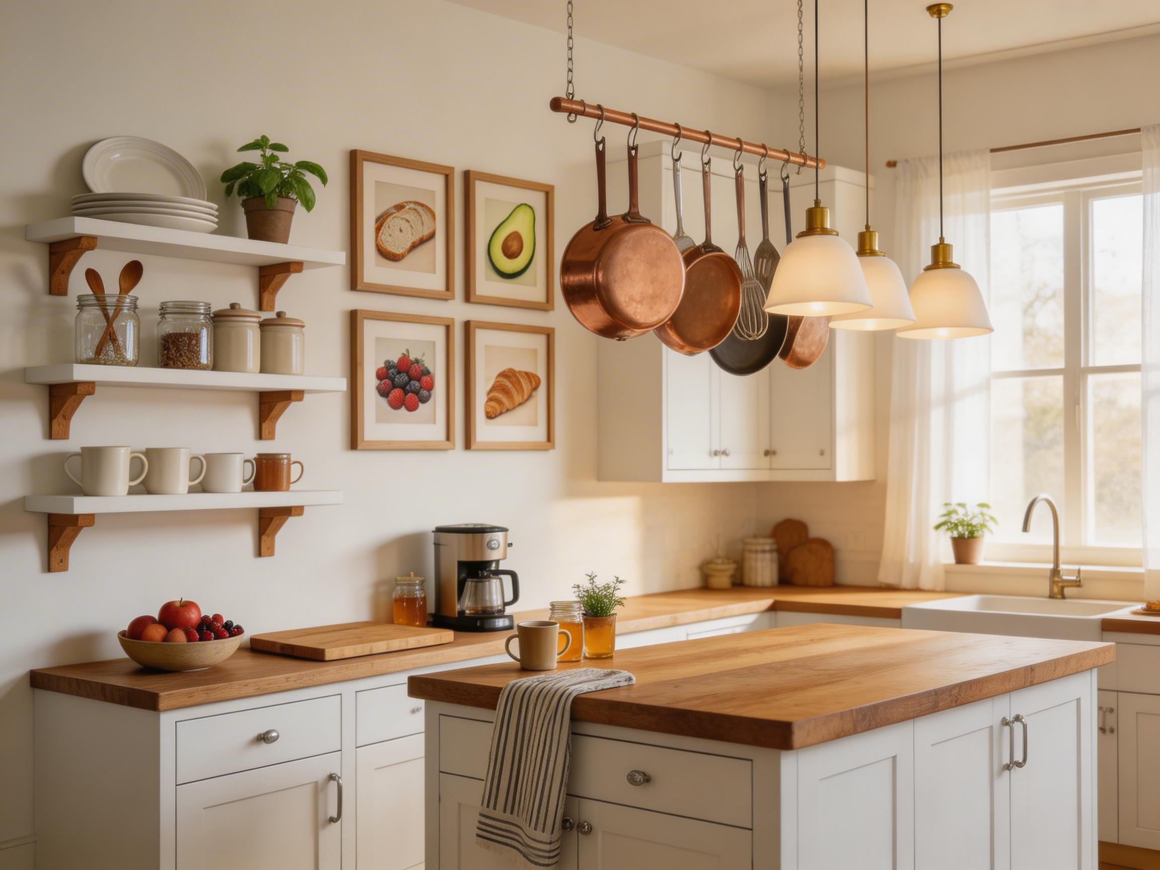 A fully decorated kitchen where open shelves, food prints, and a copper pot rack work together to show what thoughtful kitchen wall decor looks like in practice.