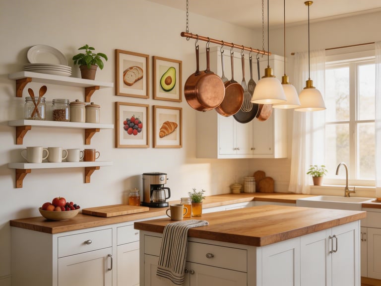 A fully decorated kitchen where open shelves, food prints, and a copper pot rack work together to show what thoughtful kitchen wall decor looks like in practice.