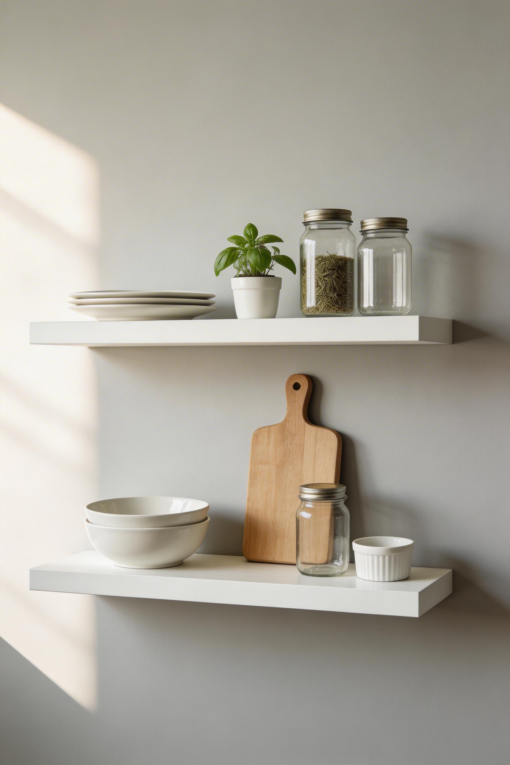 Floating shelves styled with ceramics, a small herb, and a wooden board create a kitchen gallery that's both practical and personal.