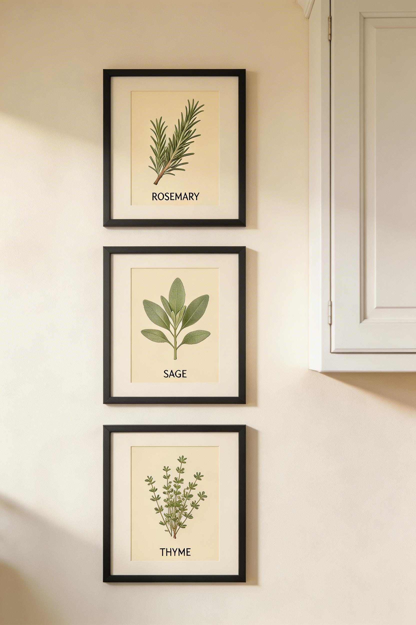 Three herb botanical prints in black frames hang vertically between cabinets, adding natural detail to the kitchen wall without competing with anything else.