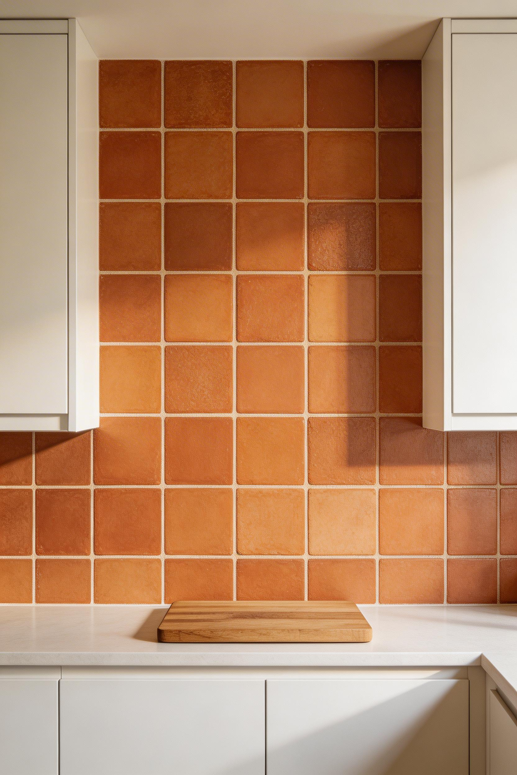 A panel of terracotta tiles set in cream grout creates a warm, earthy focal point that reads as architectural rather than decorative.