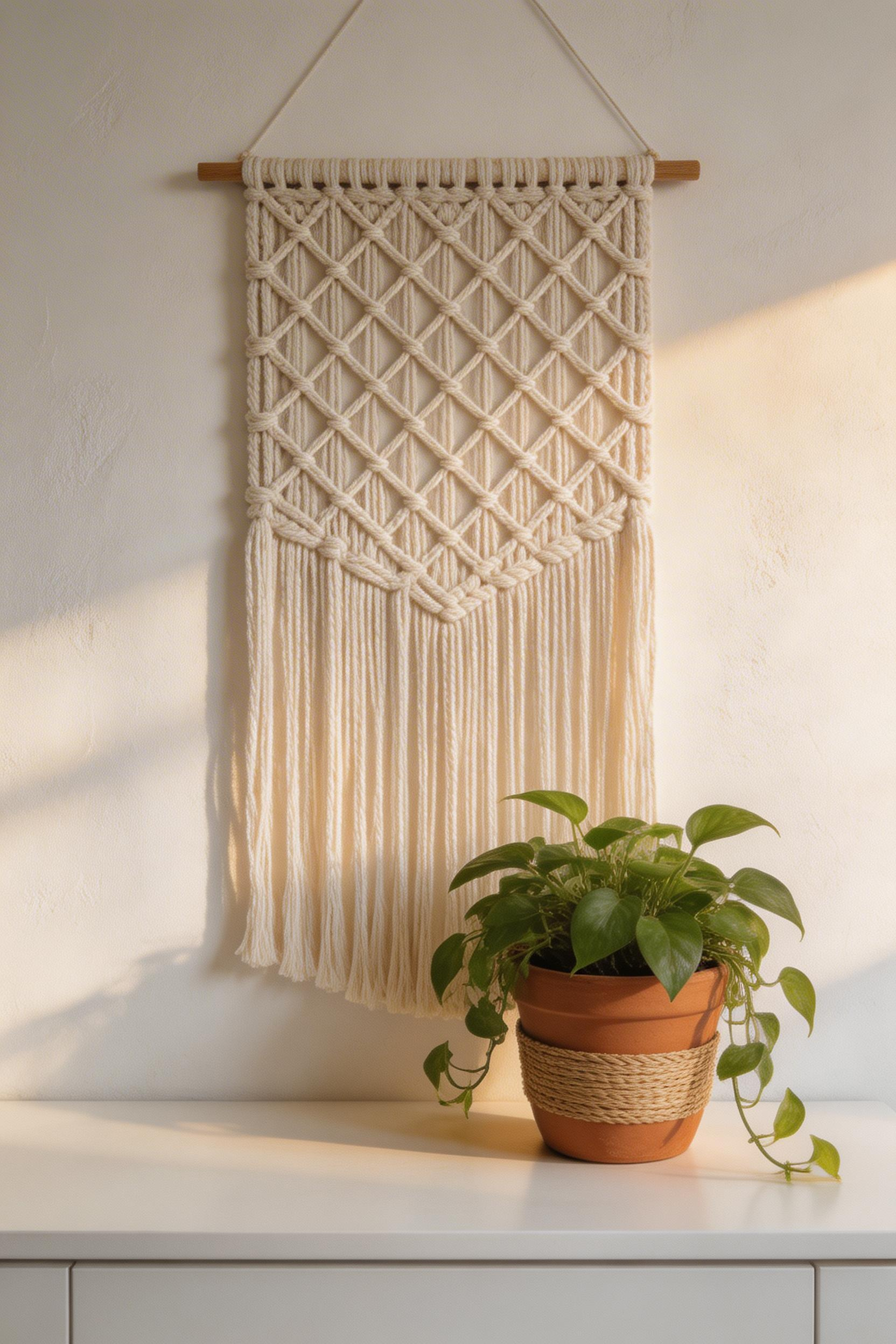 A large natural cotton macramé piece above the counter softens the kitchen's hard surfaces and adds the handmade warmth that bought objects rarely achieve.