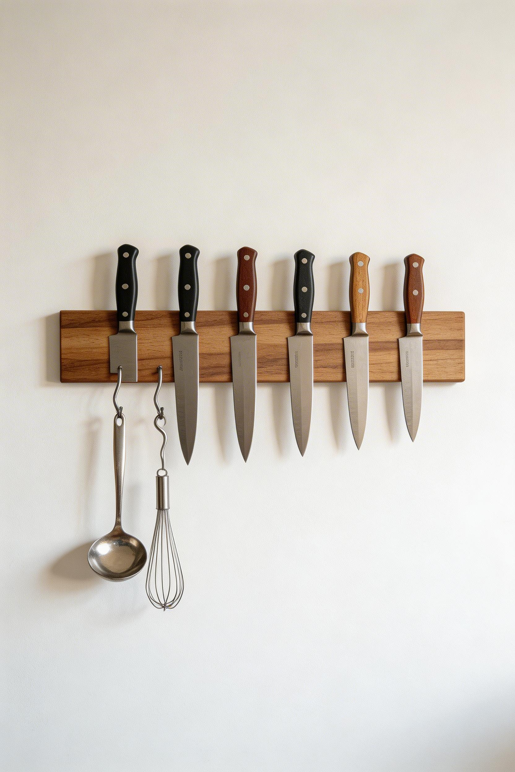 A walnut-backed magnetic knife strip holds knives at ready while functioning as a warm, natural element on an otherwise plain kitchen wall.