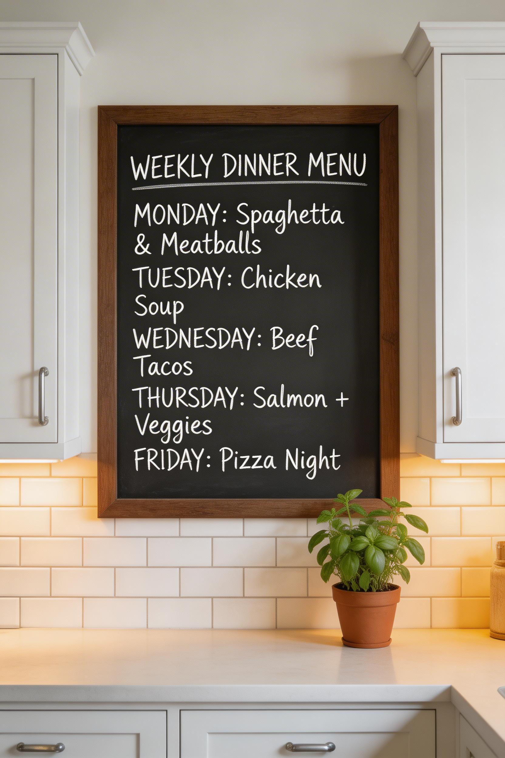 A framed chalkboard panel between cabinets turns an empty stretch of wall into the kitchen's most useful and most personal feature.