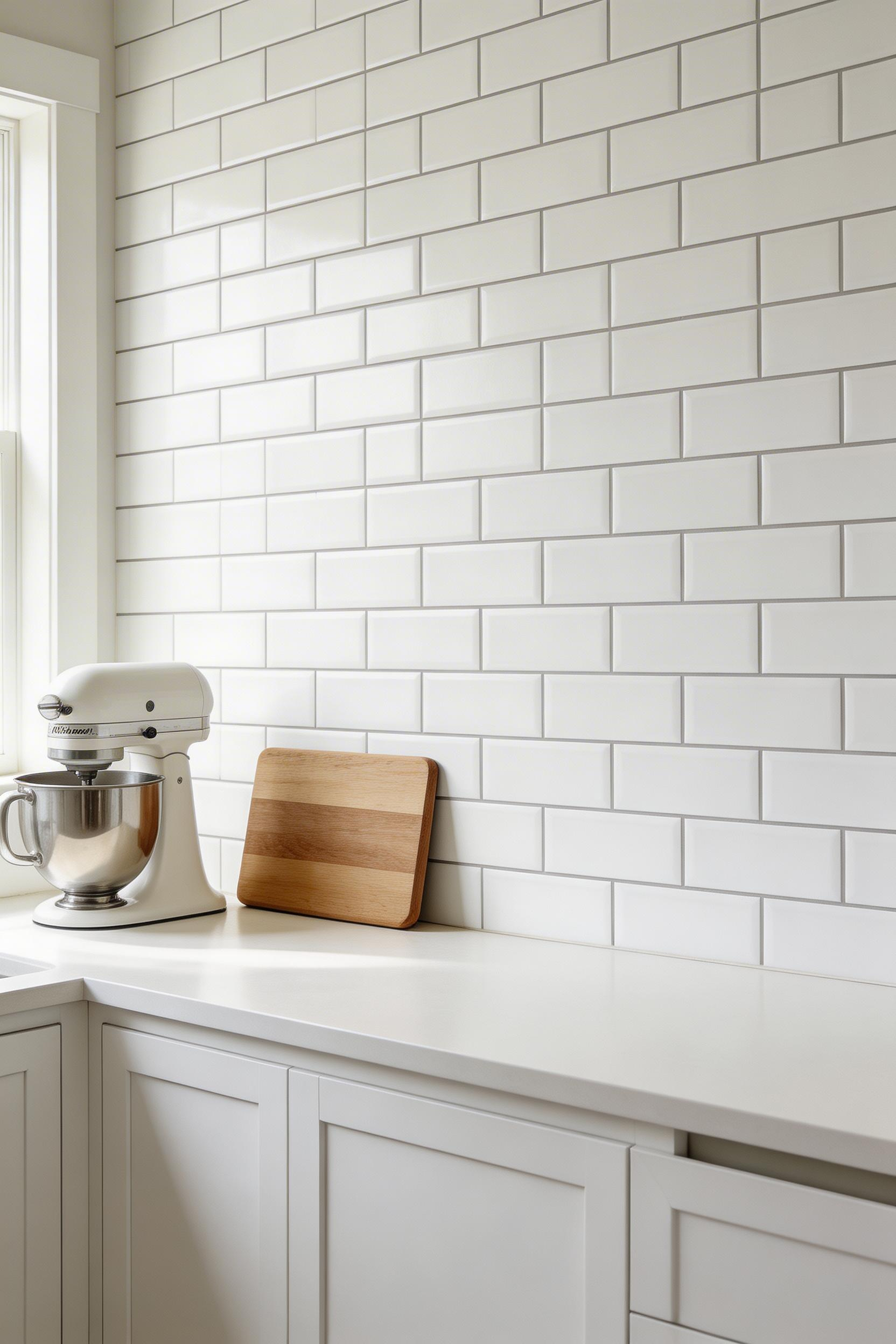 Freshly installed white peel-and-stick subway tile panels above the counter achieve a clean, built-in backsplash look without grout, tools, or a contractor.