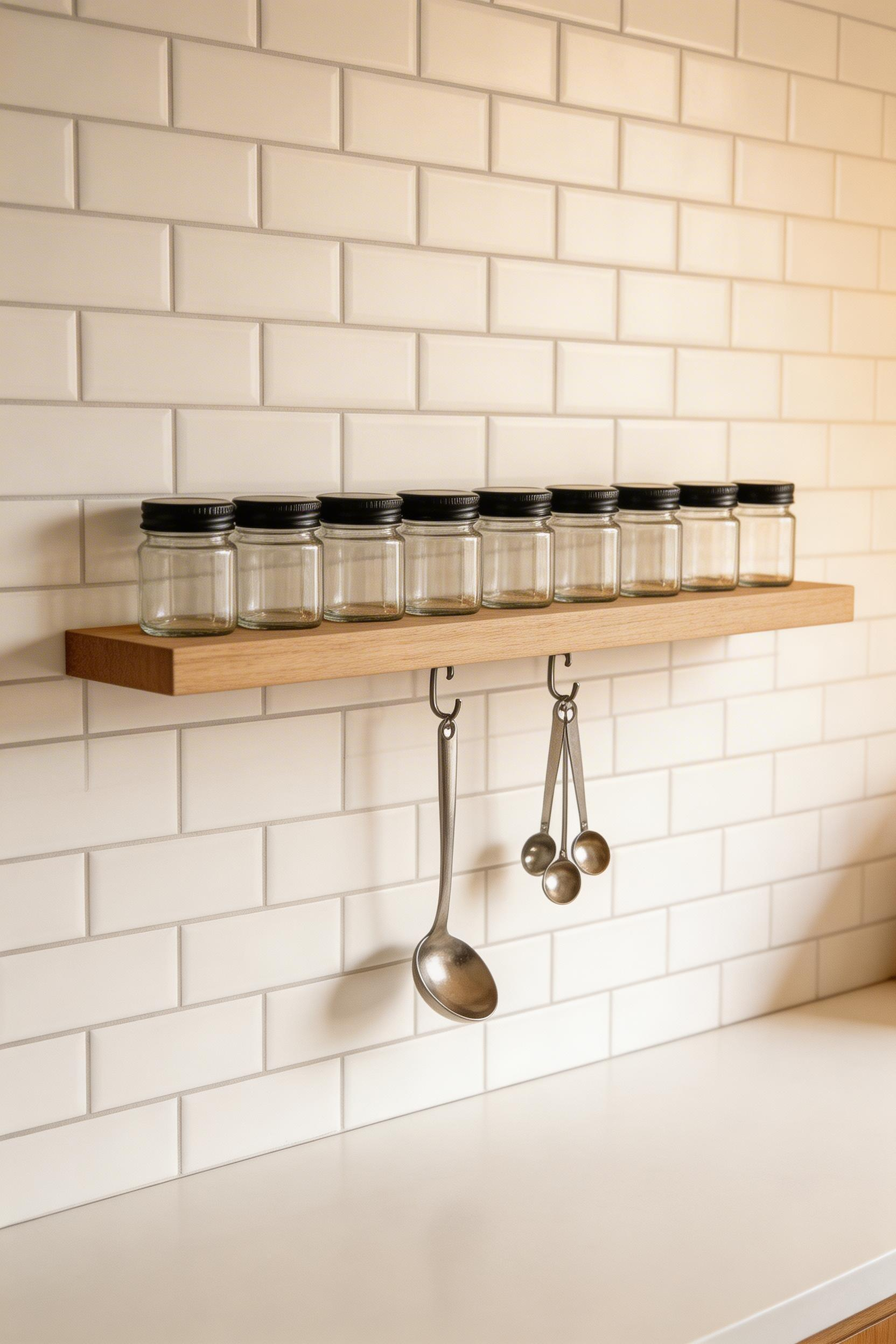 A slim floating shelf with uniform spice jars and hanging hooks below brings order and visual calm to a kitchen wall that would otherwise read as empty.