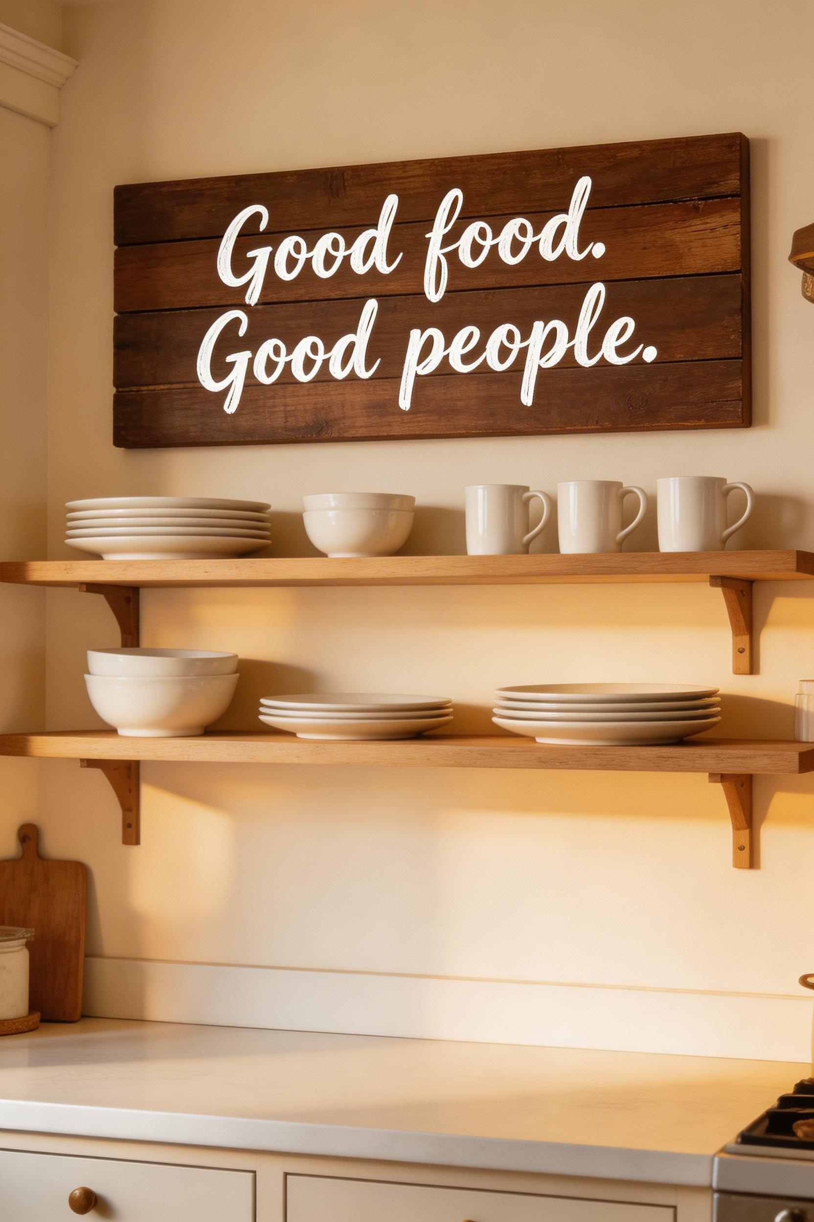 A simple reclaimed wood sign with a short hand-painted quote brings genuine warmth to a farmhouse kitchen wall without any of the kitsch.