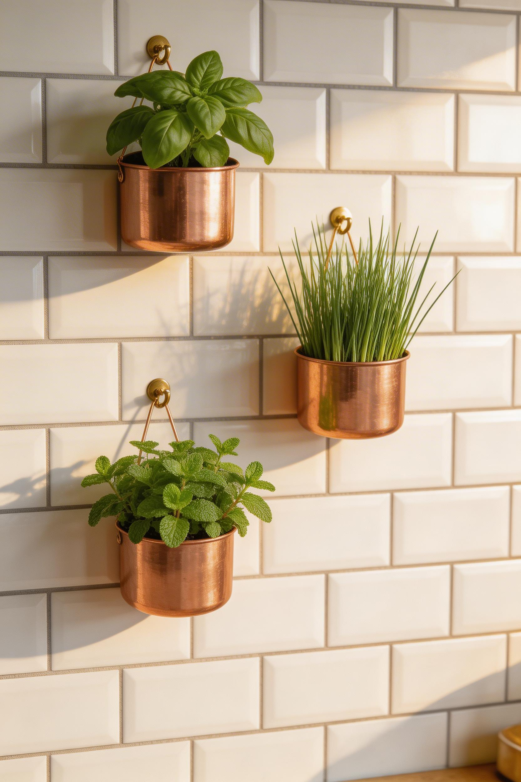 Three staggered copper wall planters hold live herbs, turning a stretch of kitchen wall into a functional and beautiful small garden.