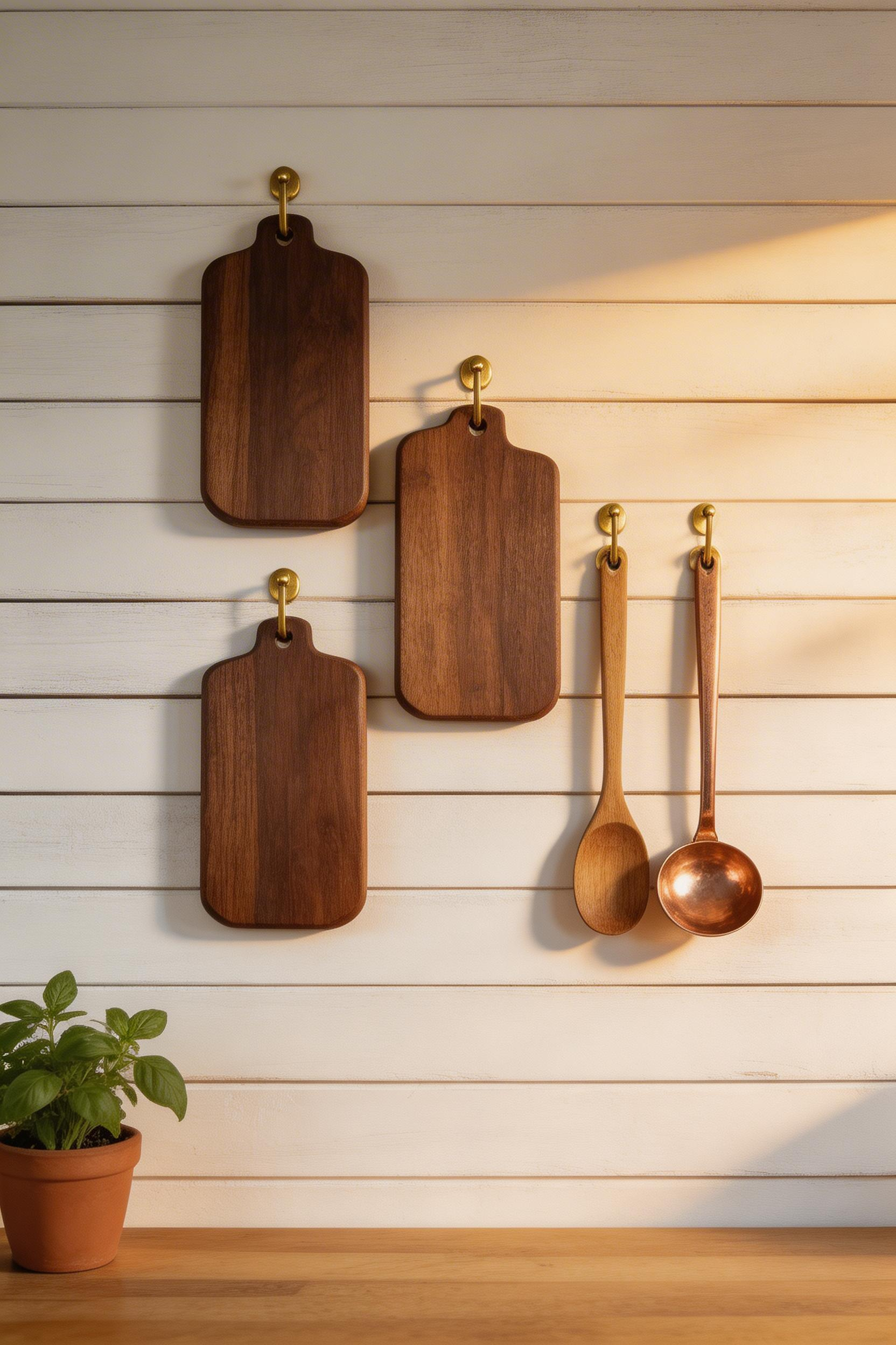 Three walnut boards and two vintage utensils arranged on brass hooks create rustic kitchen wall decor that looks collected over time, not ordered from one catalog page.