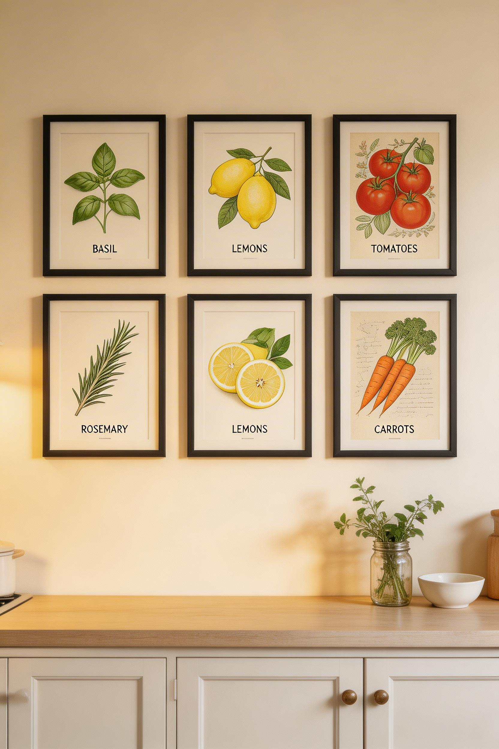 Six botanical food prints in matching black frames create a gallery wall that turns the kitchen into a room worth pausing in.