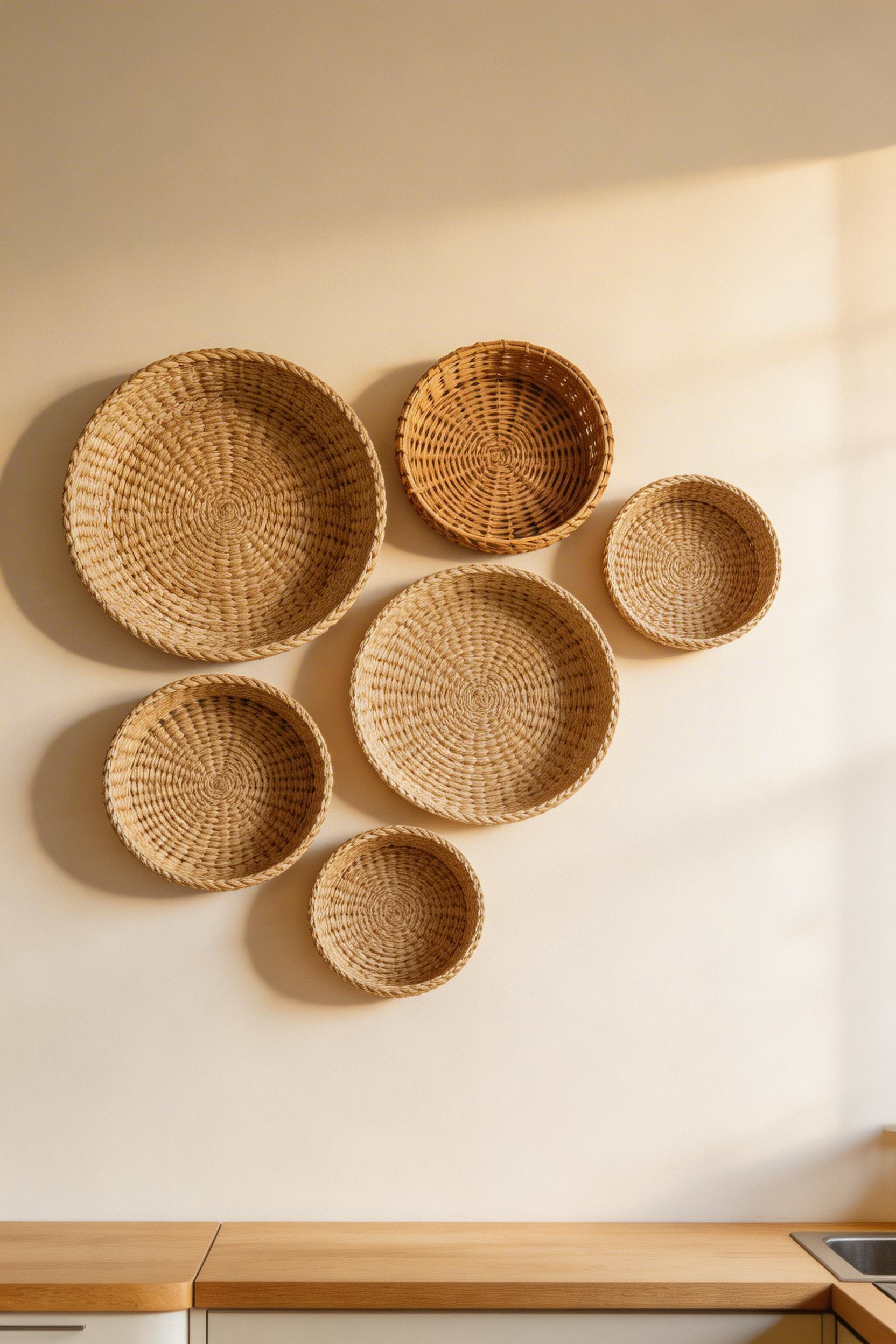 Six round woven baskets in a casual cluster bring warmth and texture to a kitchen wall that hard surfaces alone can never quite achieve.