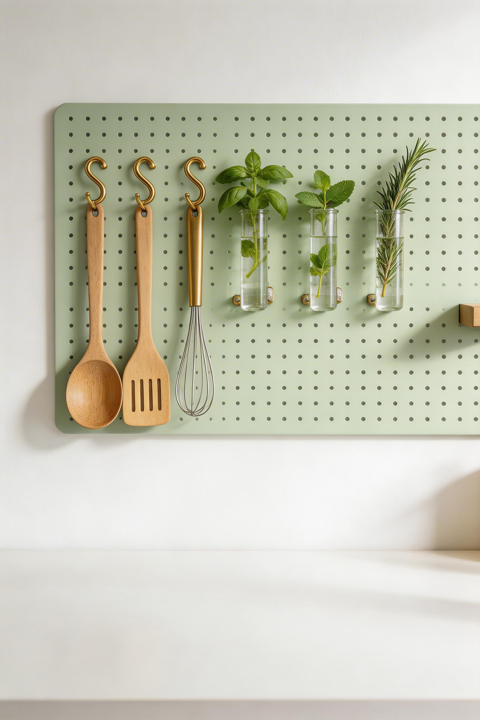A painted sage pegboard panel with brass hooks and herb-cutting vases turns a basic tool storage idea into intentional kitchen wall decor.
