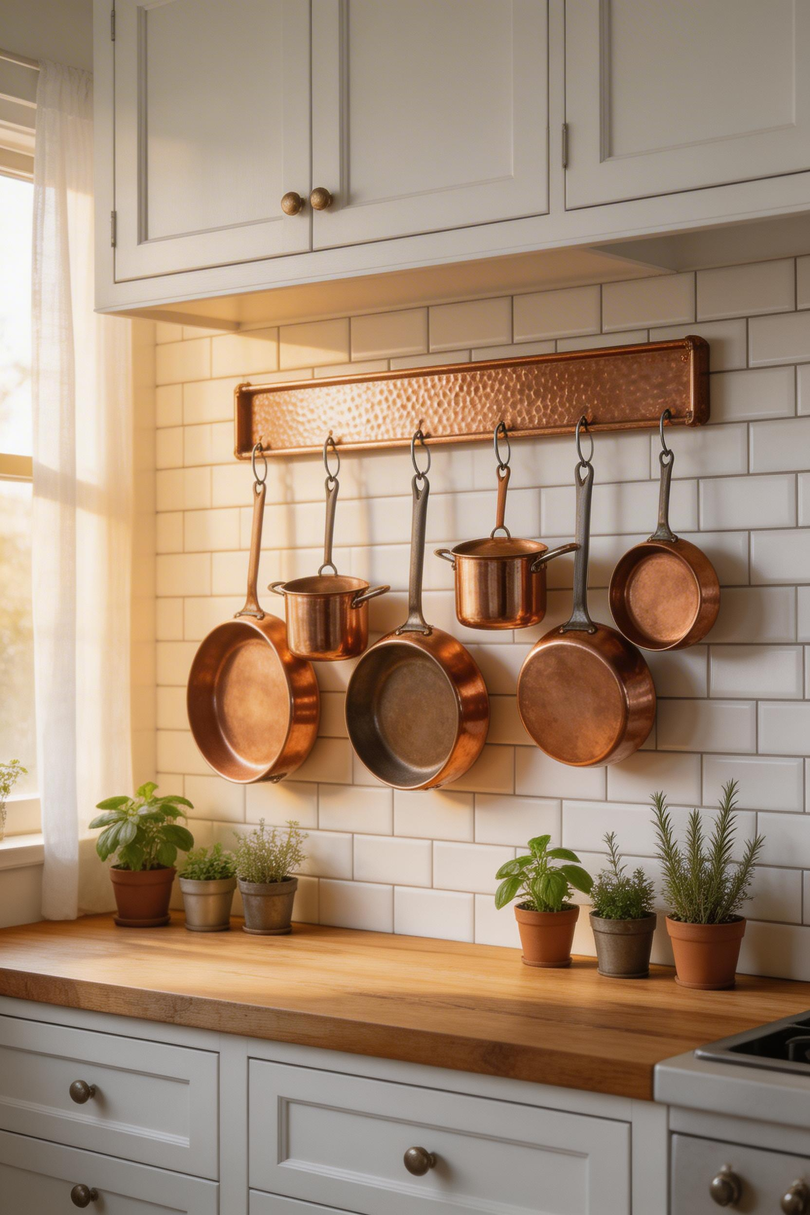 A wall-mounted copper pot rack above a butcher block counter turns everyday cookware into a warm, working kitchen display.