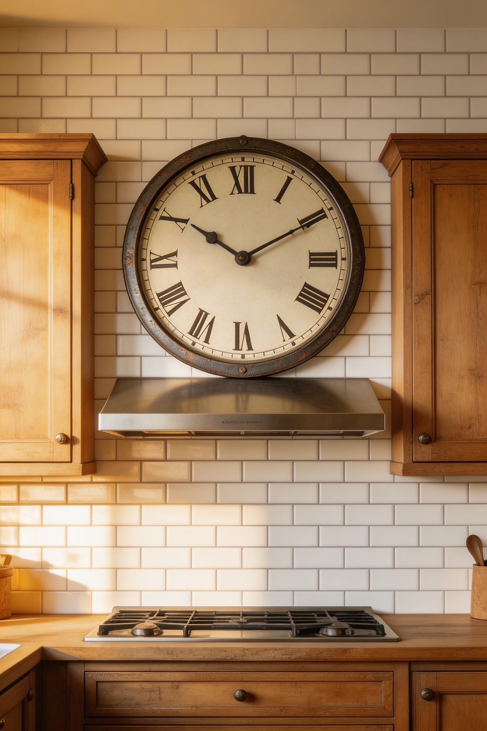 A single large-format vintage clock centered above the range hood anchors the kitchen wall with authority and zero fuss.