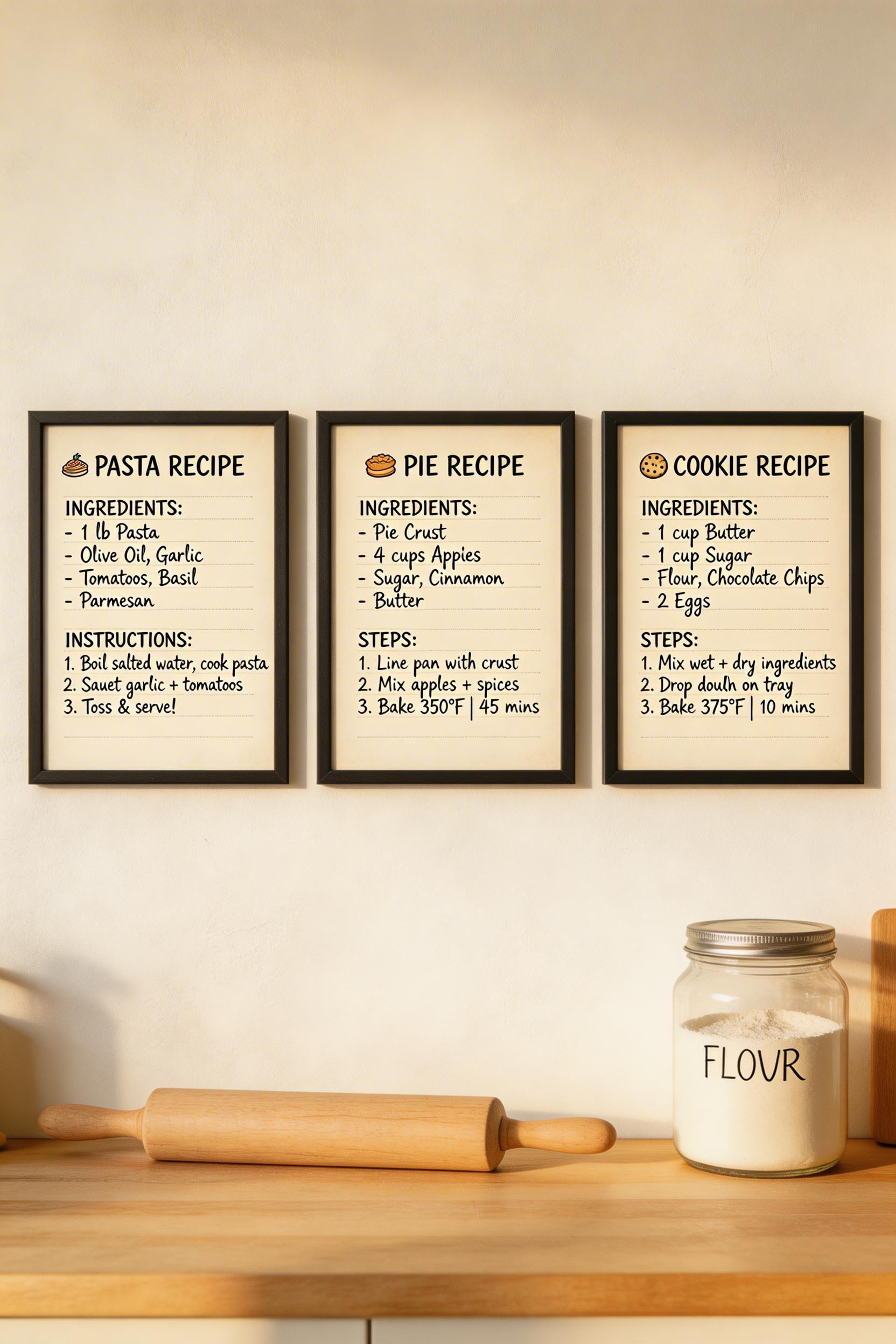 Three framed recipe cards — pasta, pie, and cookies — become kitchen wall art that tells the story of a family's cooking life.