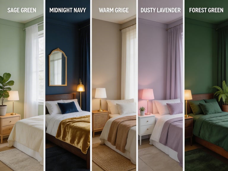 A showcase of bedroom paint colors ranging from soft sage green to deep midnight navy, each creating a distinct sleep-promoting atmosphere suited to different aesthetics.
