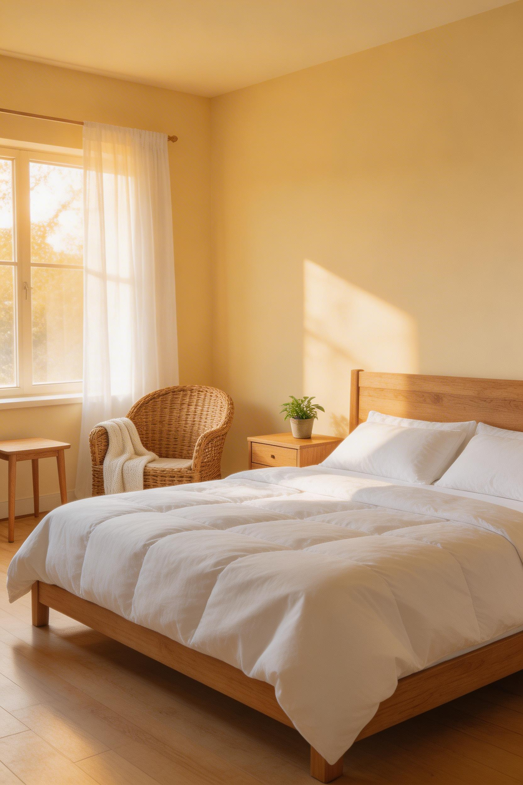 Low-saturation butter yellow captures the warmth of sunlight without the alerting effect of bright yellow — a calming bedroom color palette for morning-light rooms.