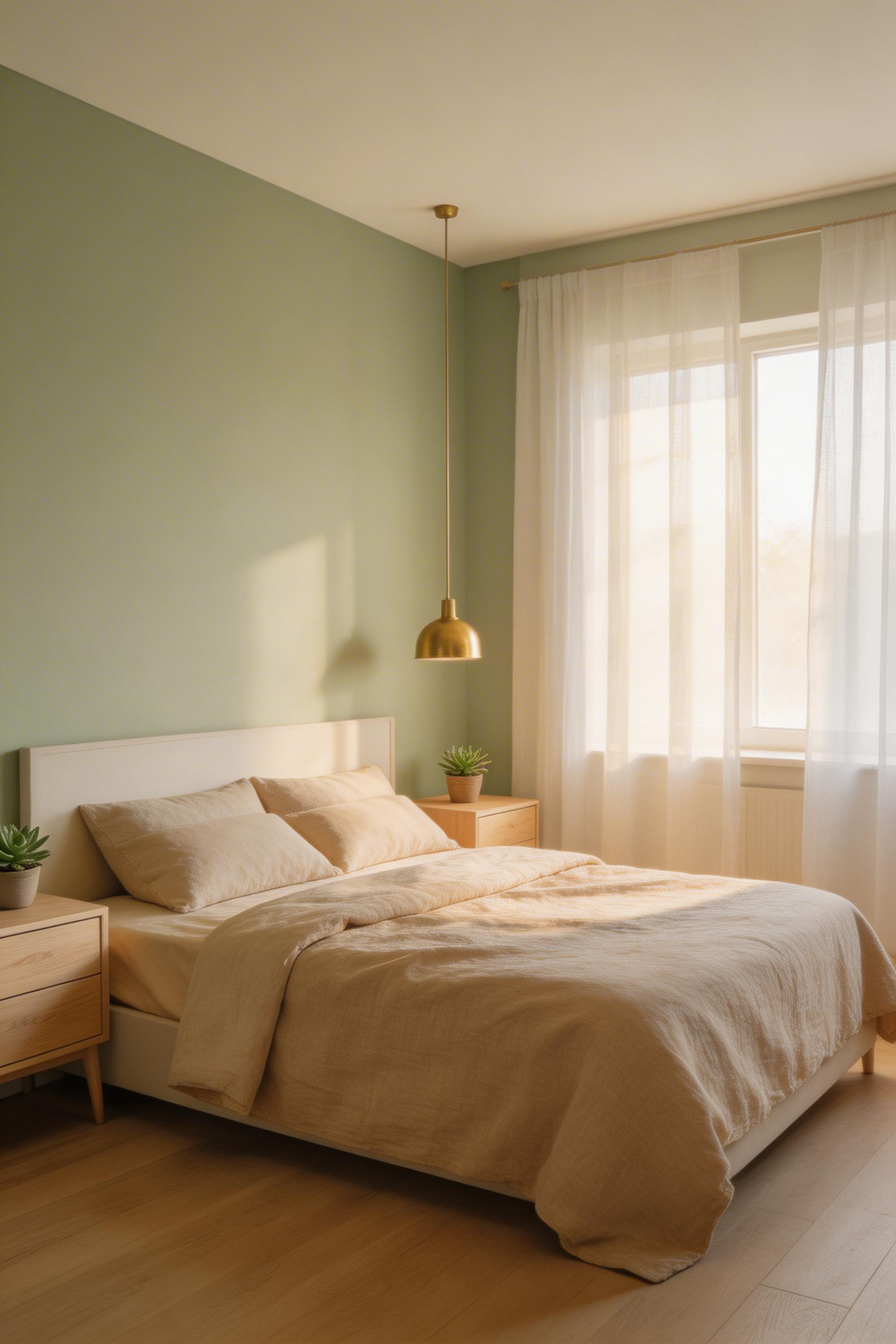 Sage green walls paired with warm linen and natural wood create a calming environment that reduces visual fatigue and supports rest.