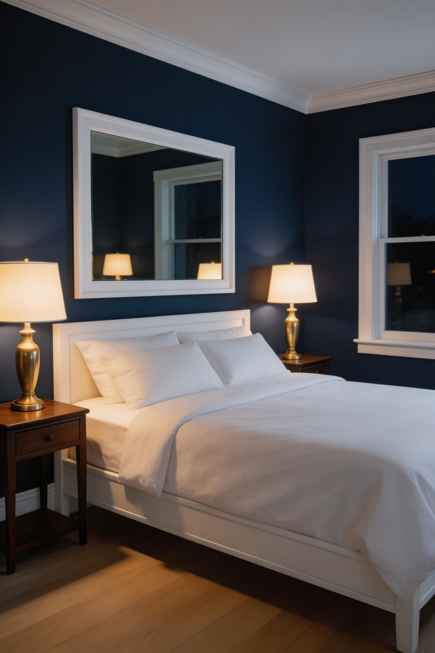 Deep navy walls create a cocoon-like retreat that lowers heart rate and supports melatonin production for deeper sleep.