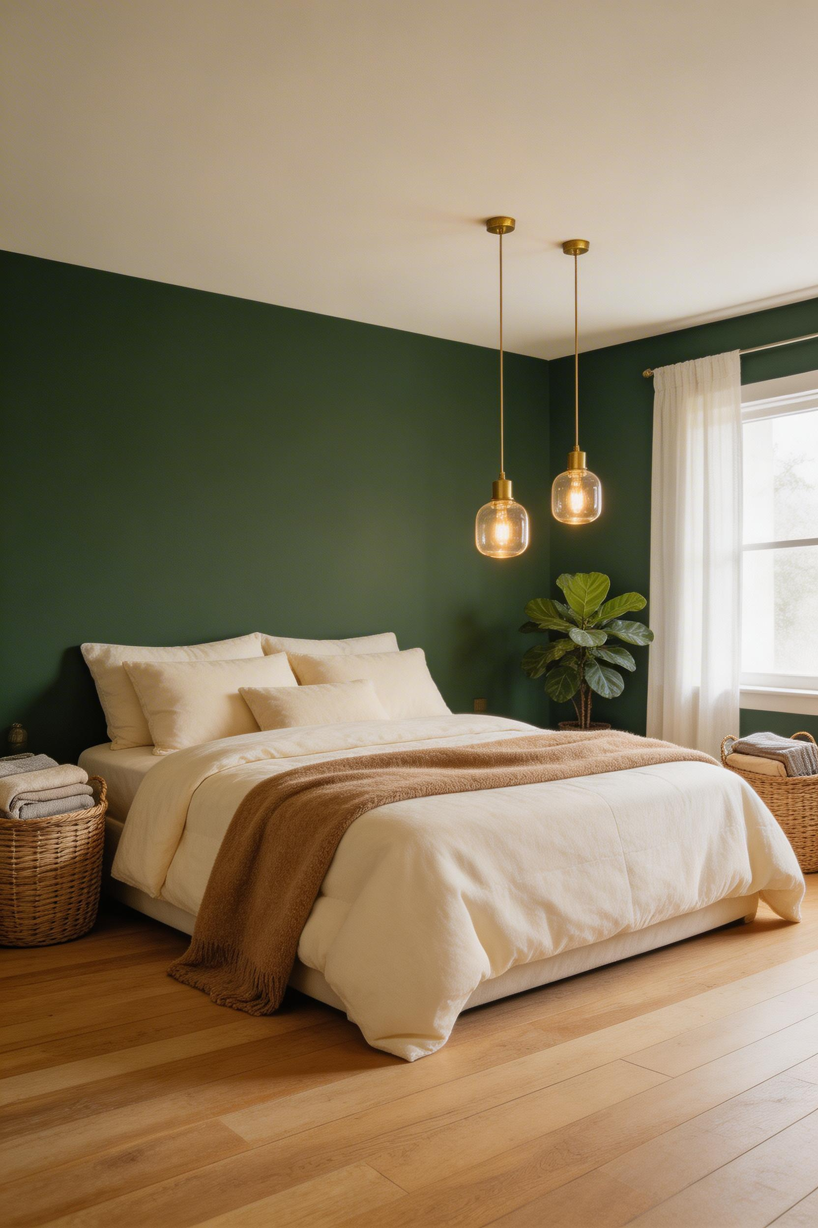 Forest green draws on biophilic design principles — mimicking a tree canopy — to create a bedroom that is deeply grounding and naturally sleep-promoting.