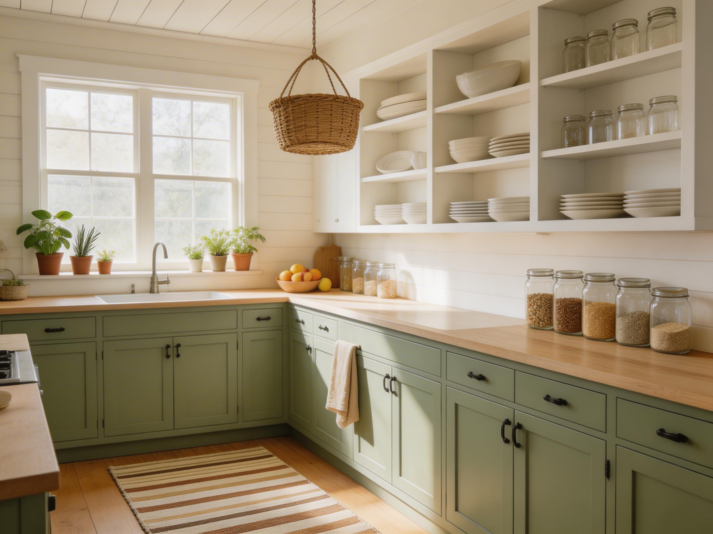 A fully realized budget kitchen makeover — open shelves, fresh herbs, statement lighting, and painted cabinets — showing that a warm, beautiful kitchen doesn't require a renovation budget.