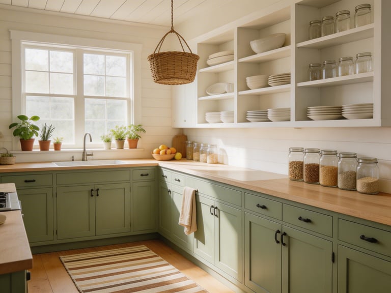A fully realized budget kitchen makeover — open shelves, fresh herbs, statement lighting, and painted cabinets — showing that a warm, beautiful kitchen doesn't require a renovation budget.