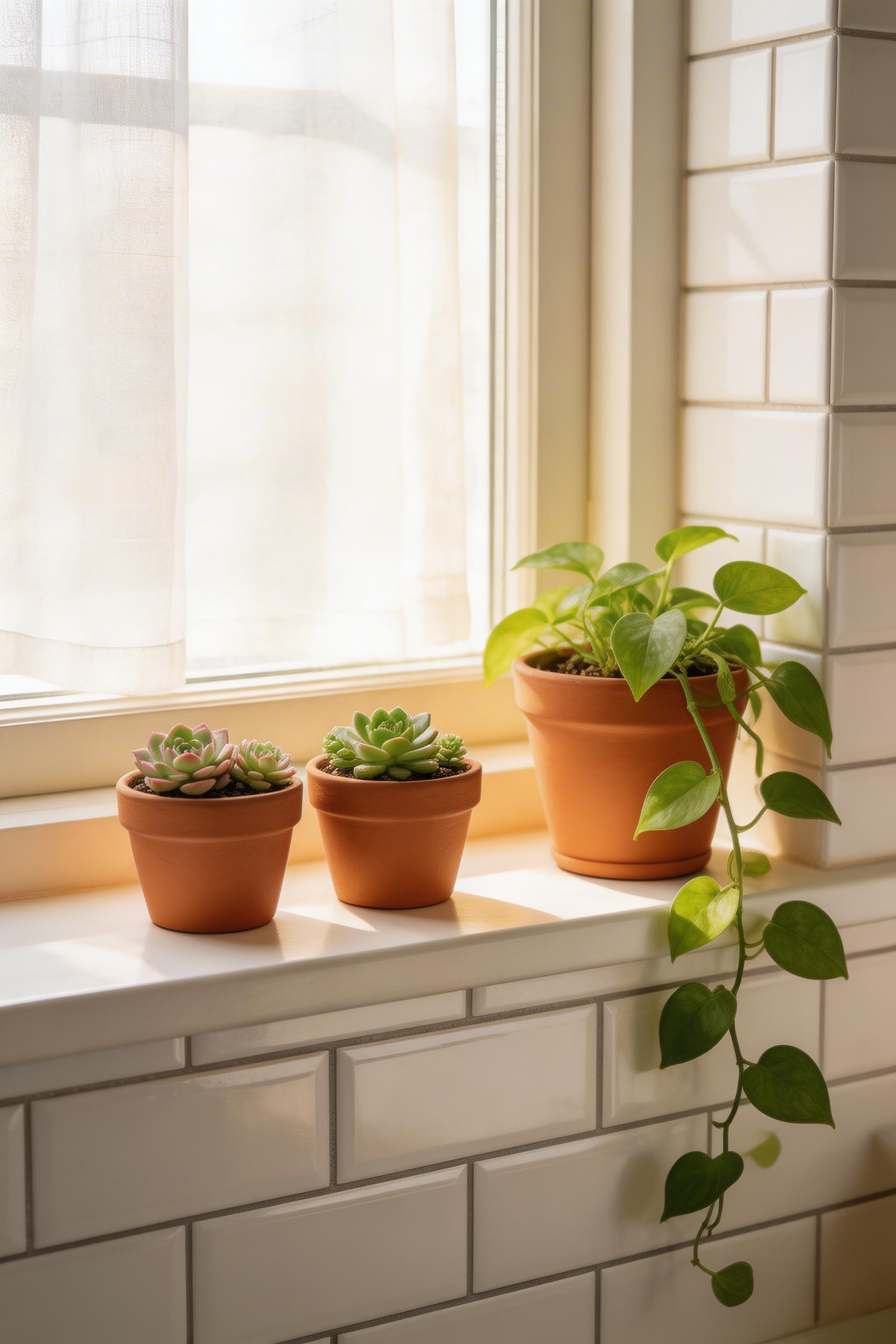 A pothos trailing from a high shelf or a cluster of succulents on the windowsill is the cheapest and most effective way to bring warmth and life into a kitchen.