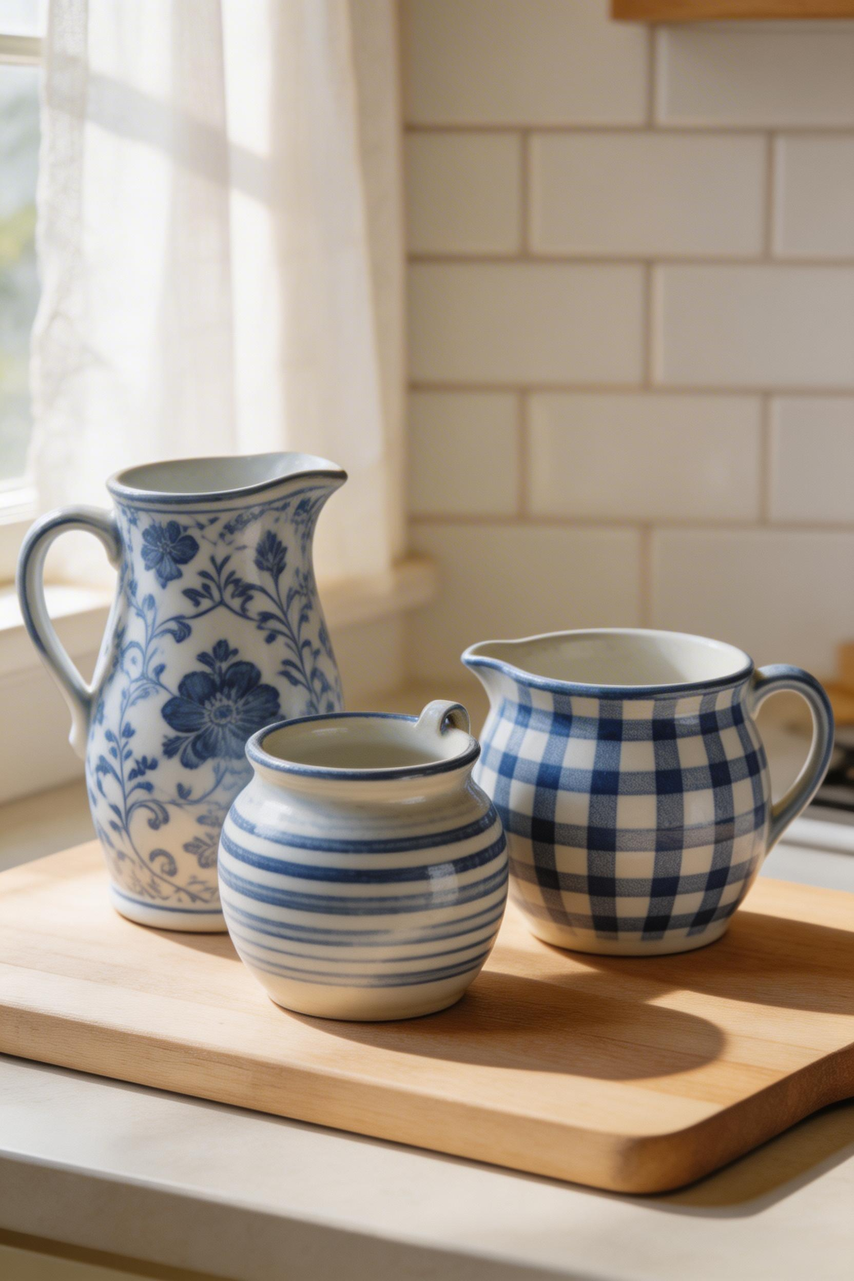 Thrift store crockery grouped in odd numbers and varying heights creates a counter display with the kind of character that no matching store-bought set can replicate.