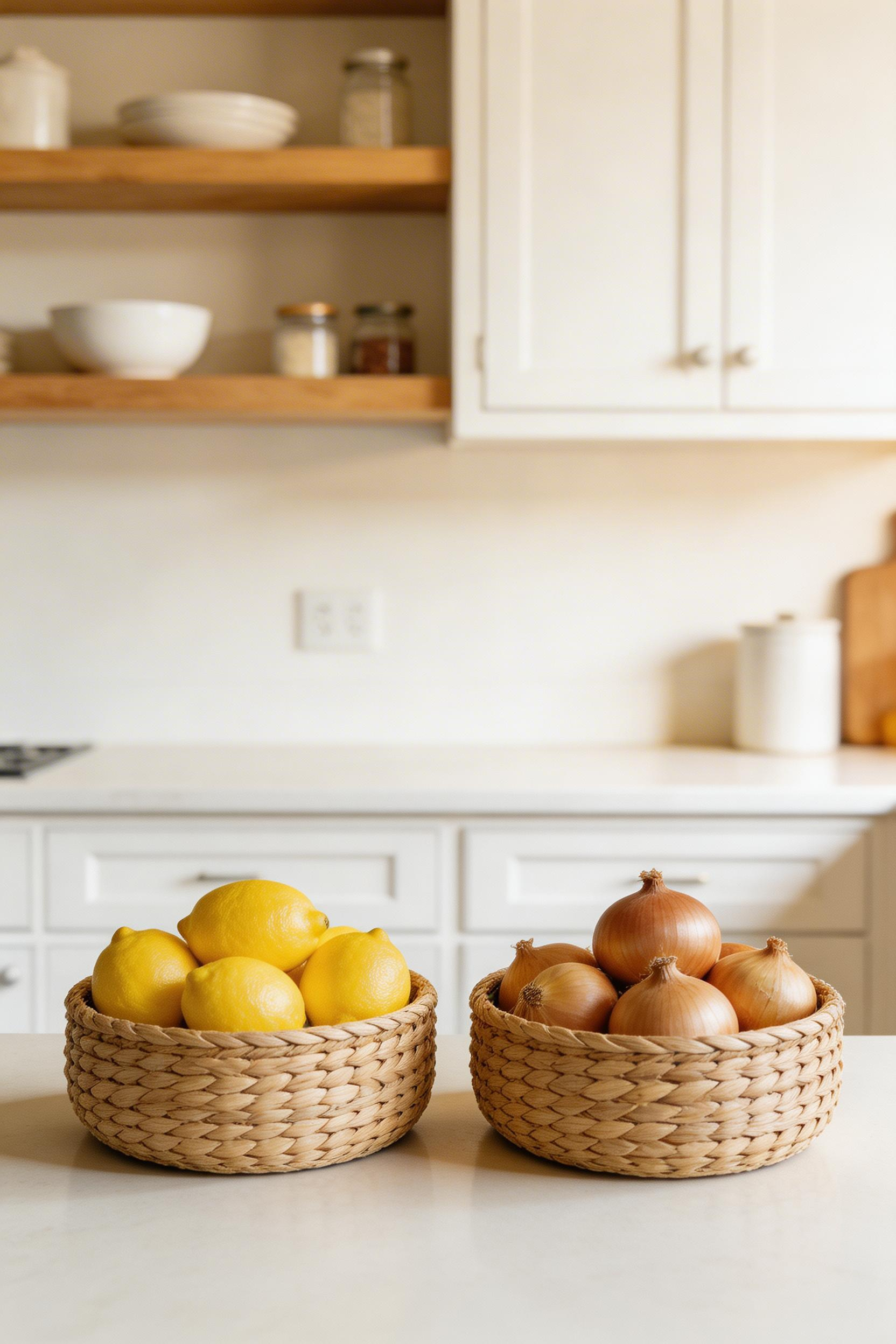 Natural fiber baskets on a kitchen counter or pantry shelf turn everyday storage into intentional styling — organic texture that photographs beautifully and organizes practically.