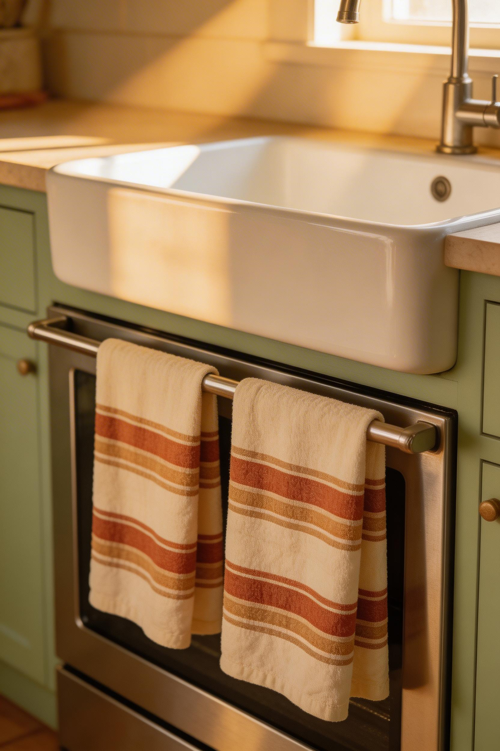 Dish towels as deliberate decor — in coordinated patterns, hung with intention — bring warmth and seasonal freshness to a kitchen for under $30.