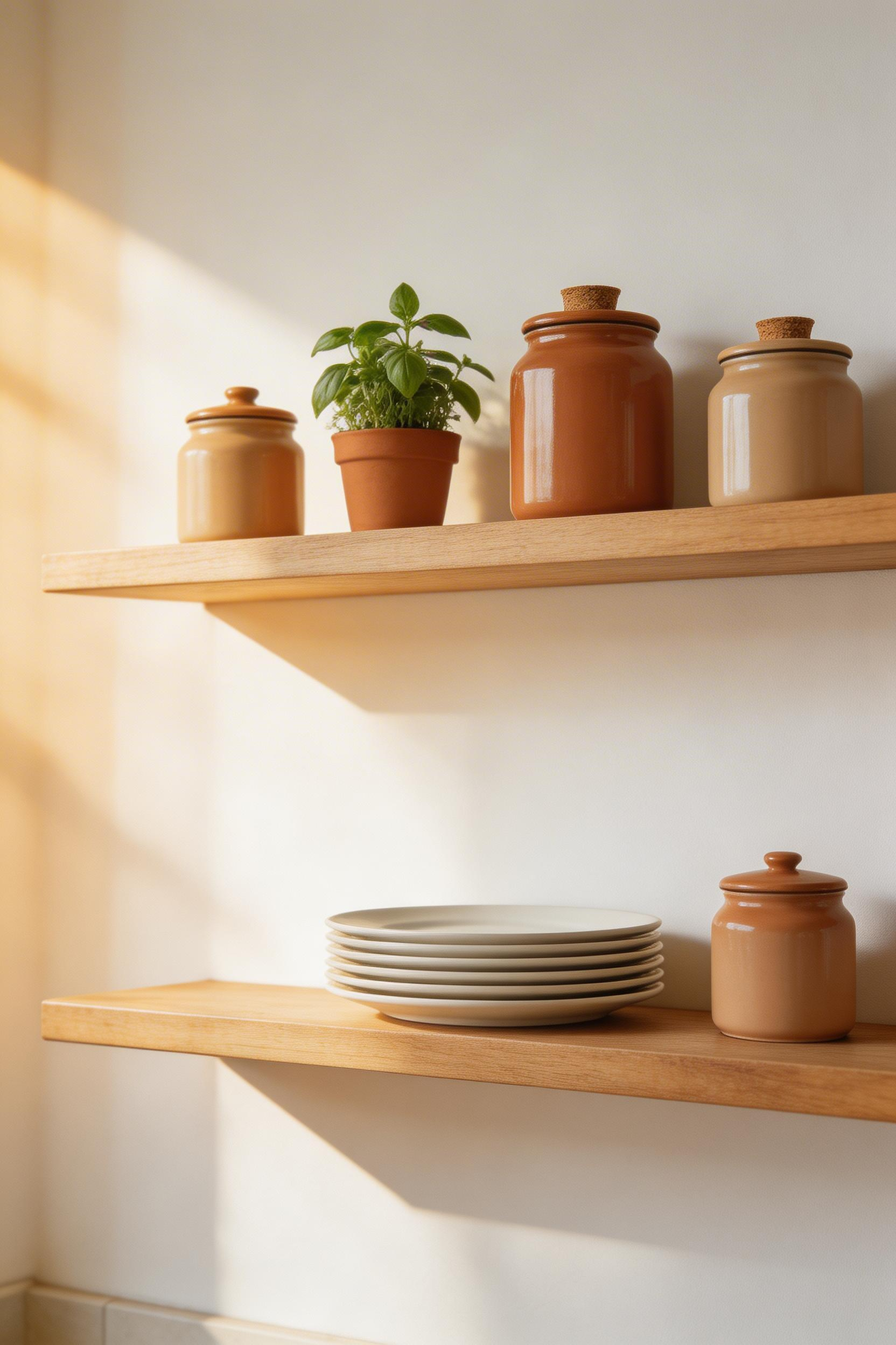Open wood shelves styled with a mix of functional and decorative items give a kitchen an airy, lived-in feel that closed cabinets simply can't replicate.