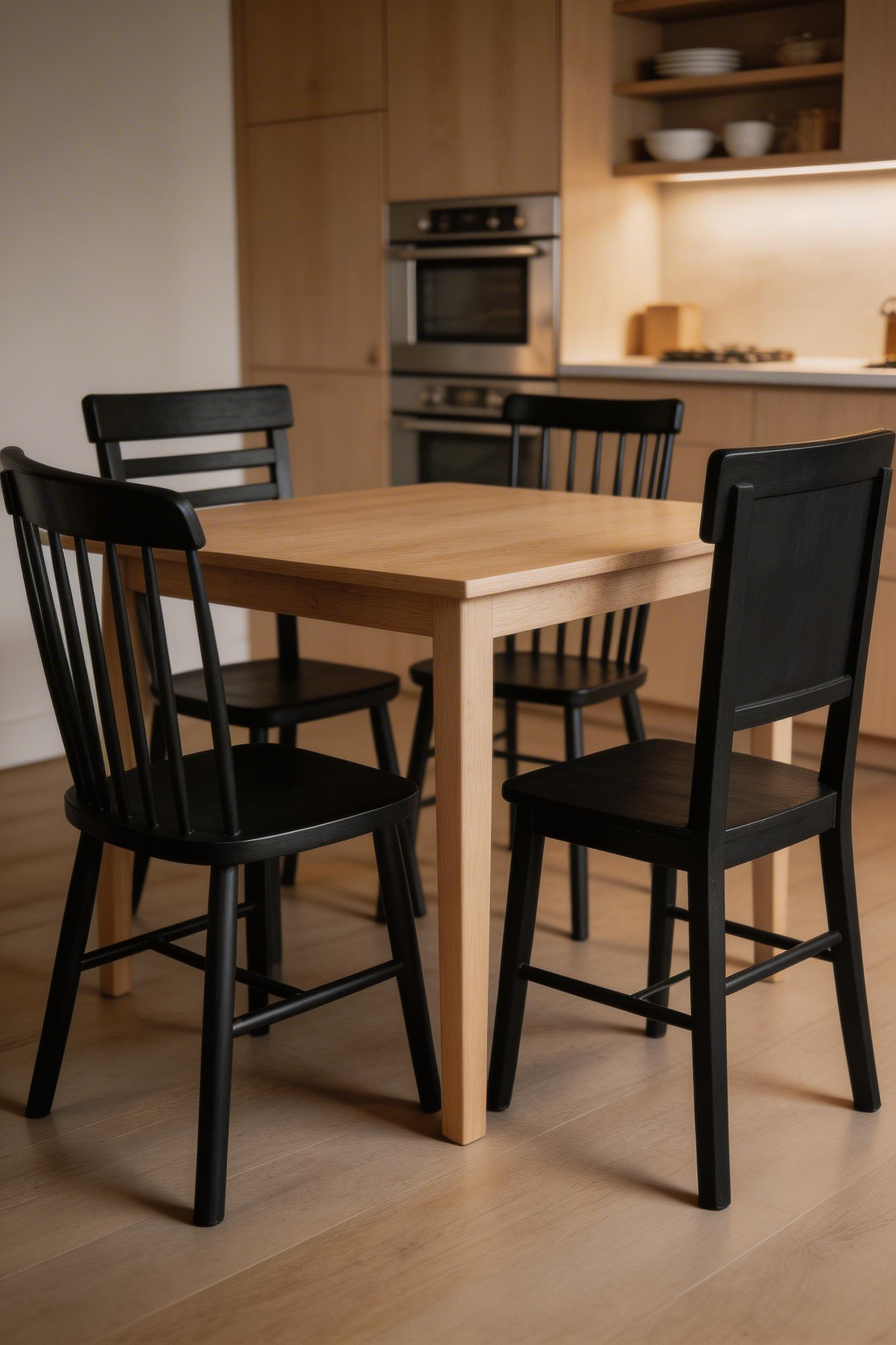 Mismatched chairs unified by a single paint color become an intentionally curated dining set — a budget approach that looks far more considered than buying a matching set.