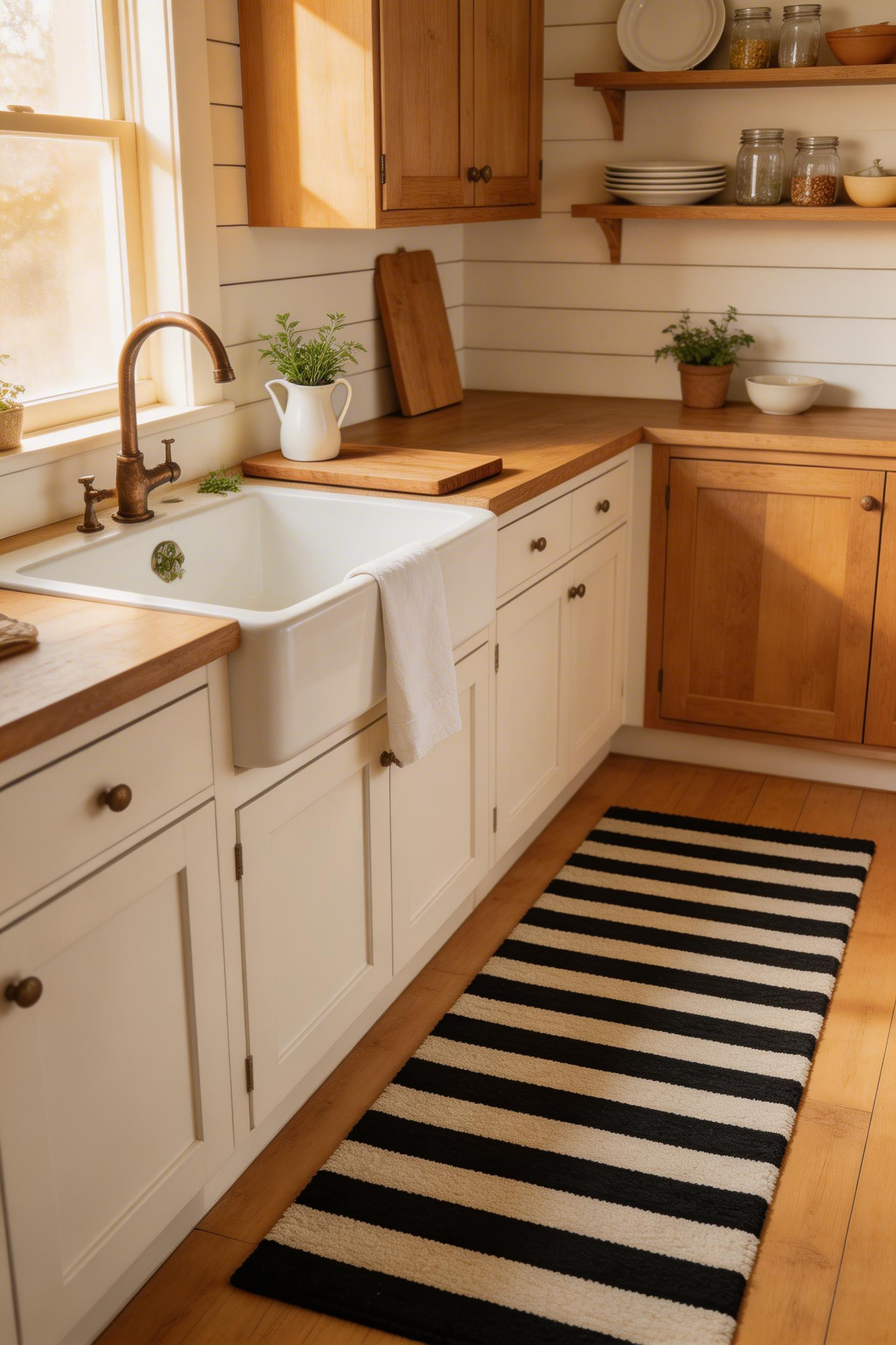 A washable kitchen runner anchors the sink area, adds warmth to hard floors, and gives the space a layered, finished feel that's easy to change with the seasons.