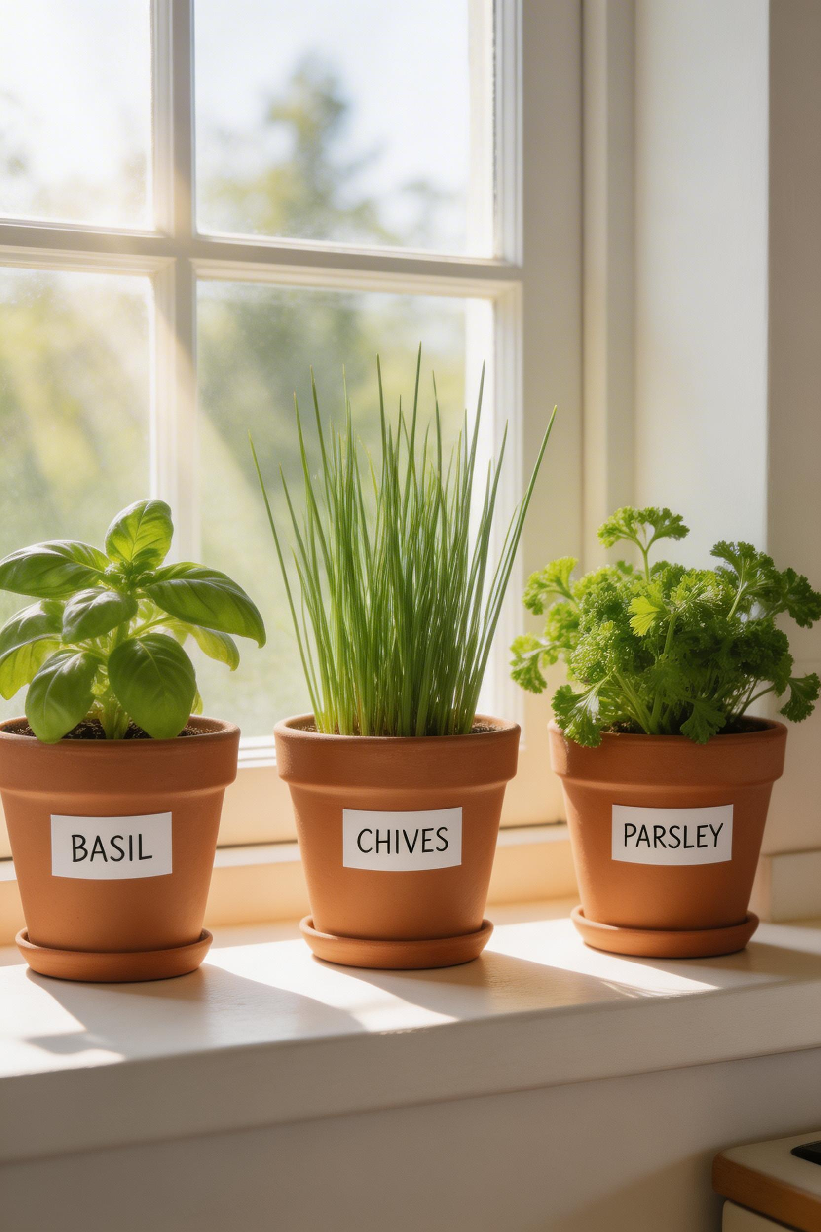 A simple three-pot herb setup on the windowsill adds life, scent, and daily-use function for under $25 — the most useful item in your kitchen decor budget.