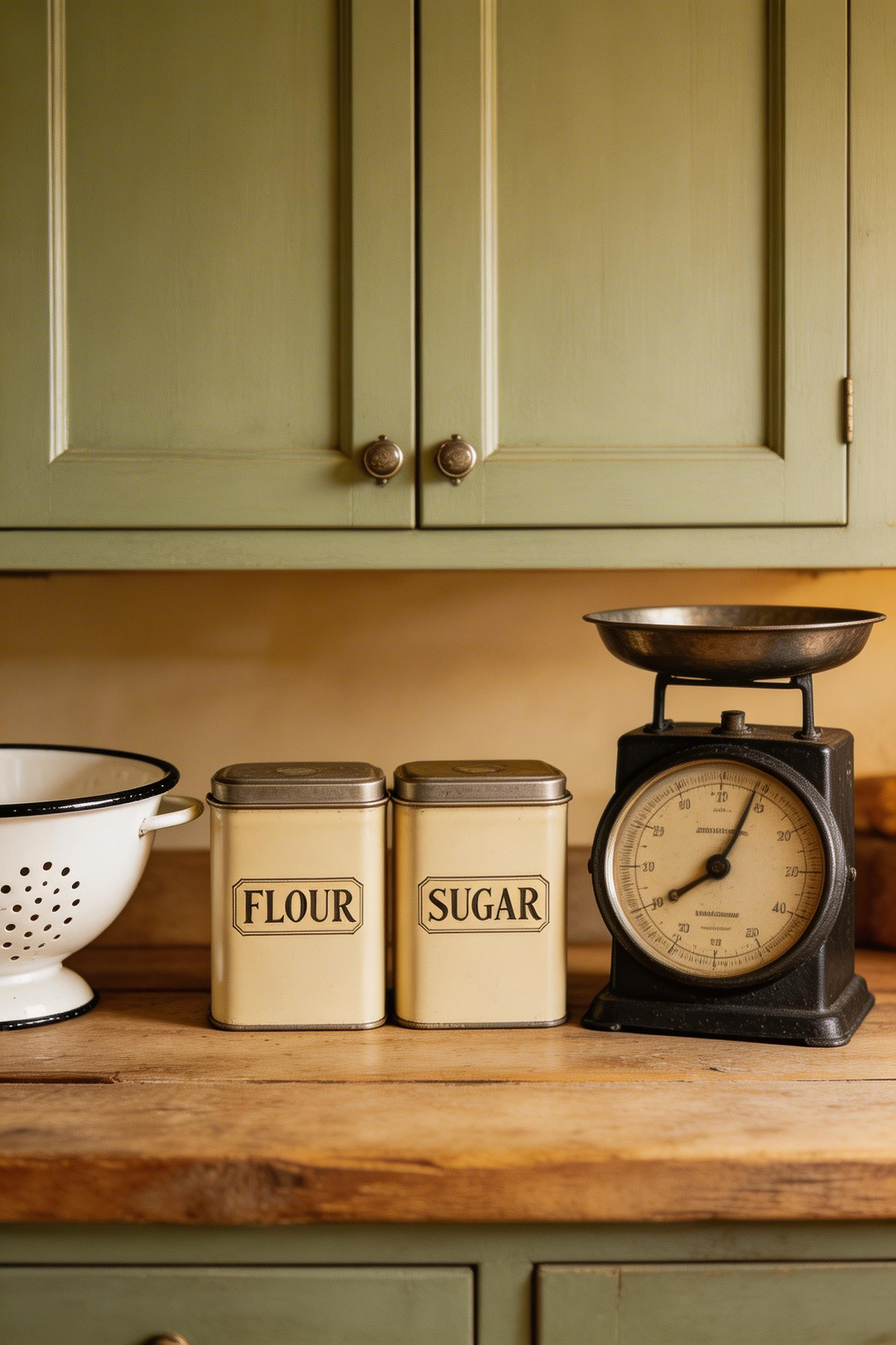 Vintage enamelware, tin canisters, and antique kitchen scales bring an organic authenticity to a kitchen counter that mass-produced items simply can't match.