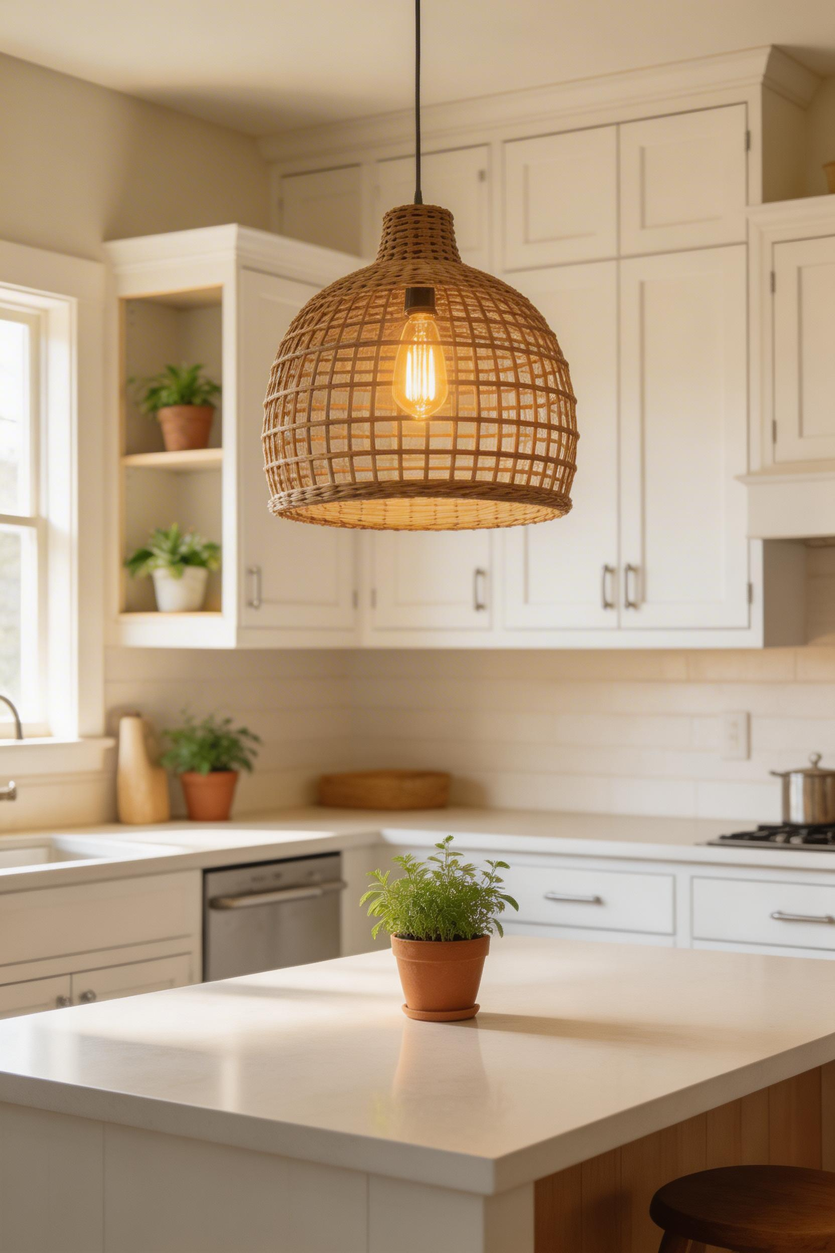 Swapping a flat builder-grade ceiling light for a woven or metal pendant transforms the whole visual register of a kitchen — and it's a 20-minute DIY with the right fixture.
