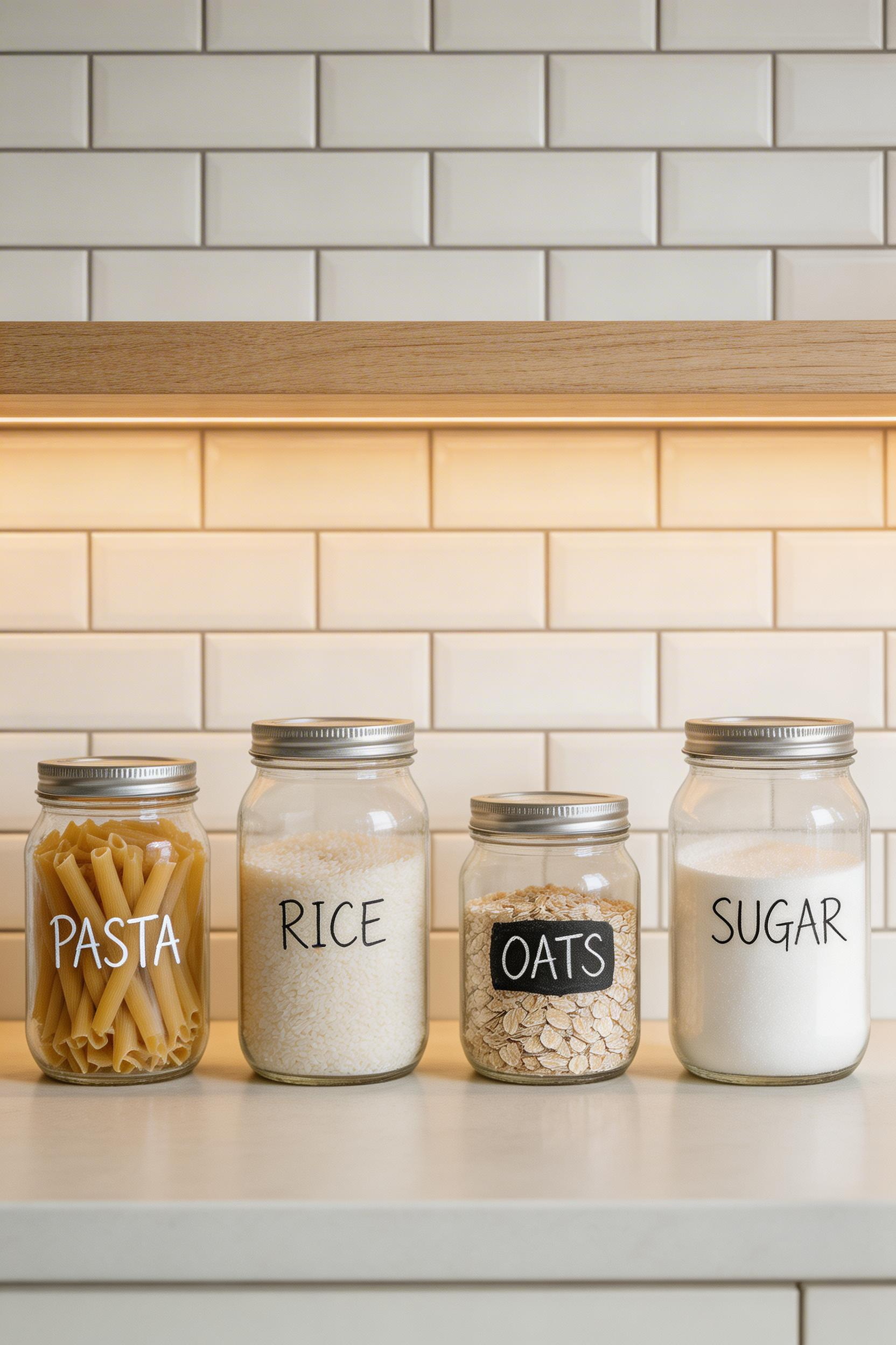 Labeled mason jars turn counter storage into an intentional display — practical organization that also looks clean and welcoming.