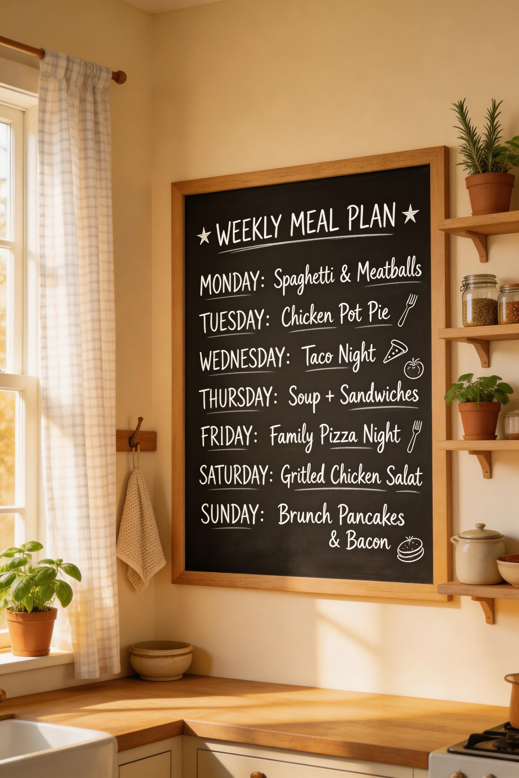 A framed chalkboard turned into a weekly menu board adds a practical, personal touch to any kitchen wall — and it changes every week, which means the decor never feels stale.