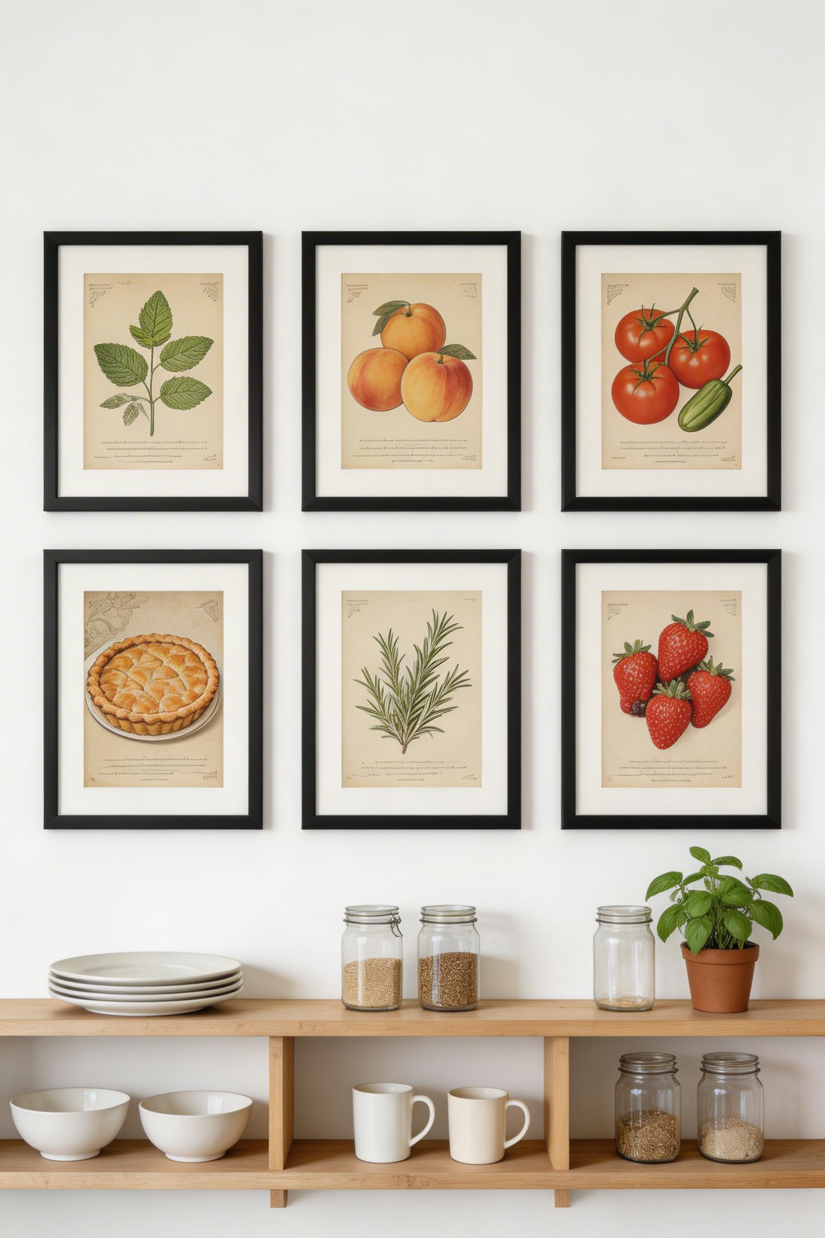 A gallery wall of vintage food prints — most available as cheap digital downloads — creates a curated, editorial kitchen look that costs under $50 to pull off.