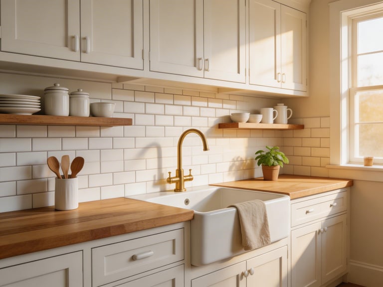 The farmhouse kitchen at its most inviting — white subway tile, wood countertop, and open shelves create a backsplash and kitchen combination that never needs updating.