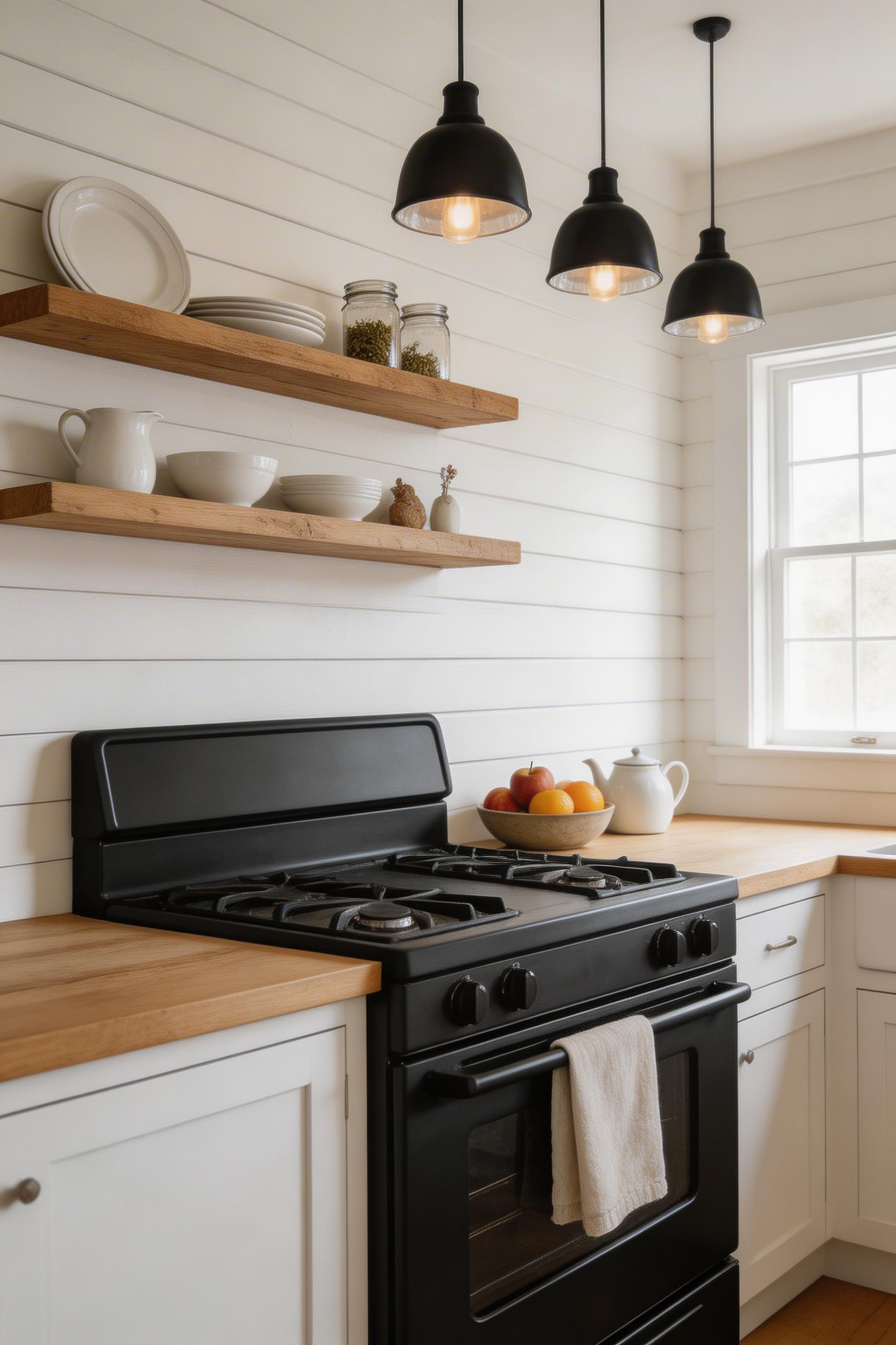 White-painted shiplap behind a matte black range creates the warmest farmhouse backsplash effect — texture and character without a single tile.