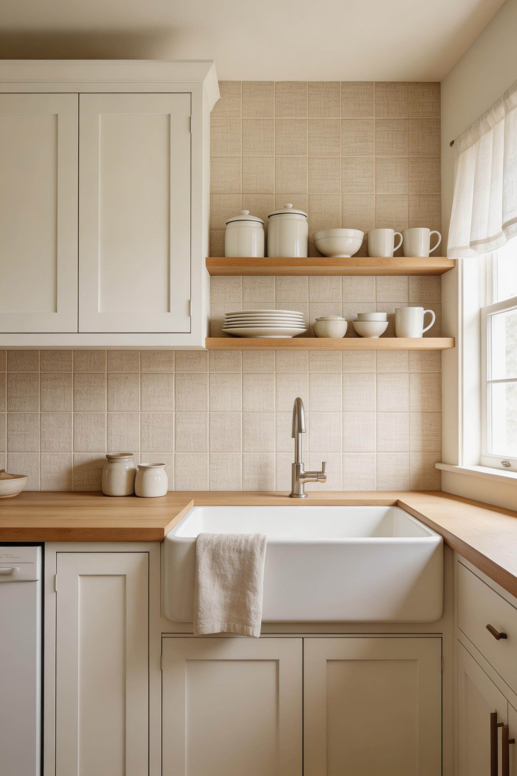 Linen-texture ceramic tile brings a soft, tactile farmhouse quality to the kitchen backsplash — matte, understated, and more interesting up close than standard smooth tile.