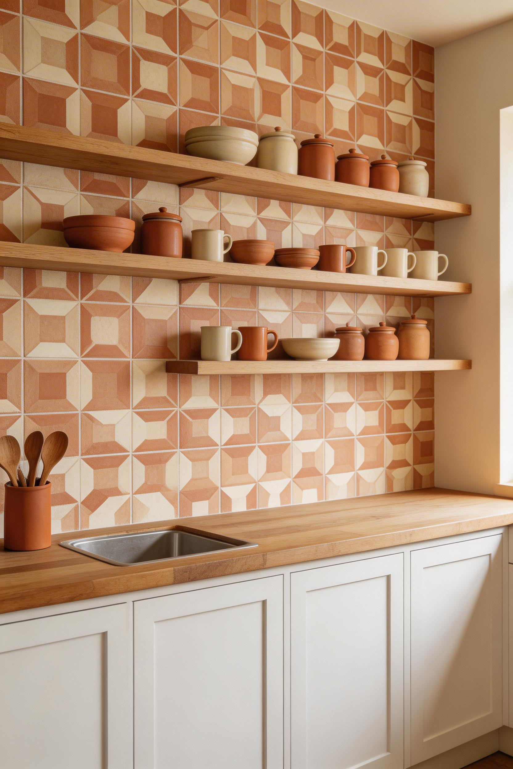 Hand-pressed cement tiles bring authentic artisan character to a country kitchen backsplash — each tile varies slightly, making the installation feel genuinely handmade.