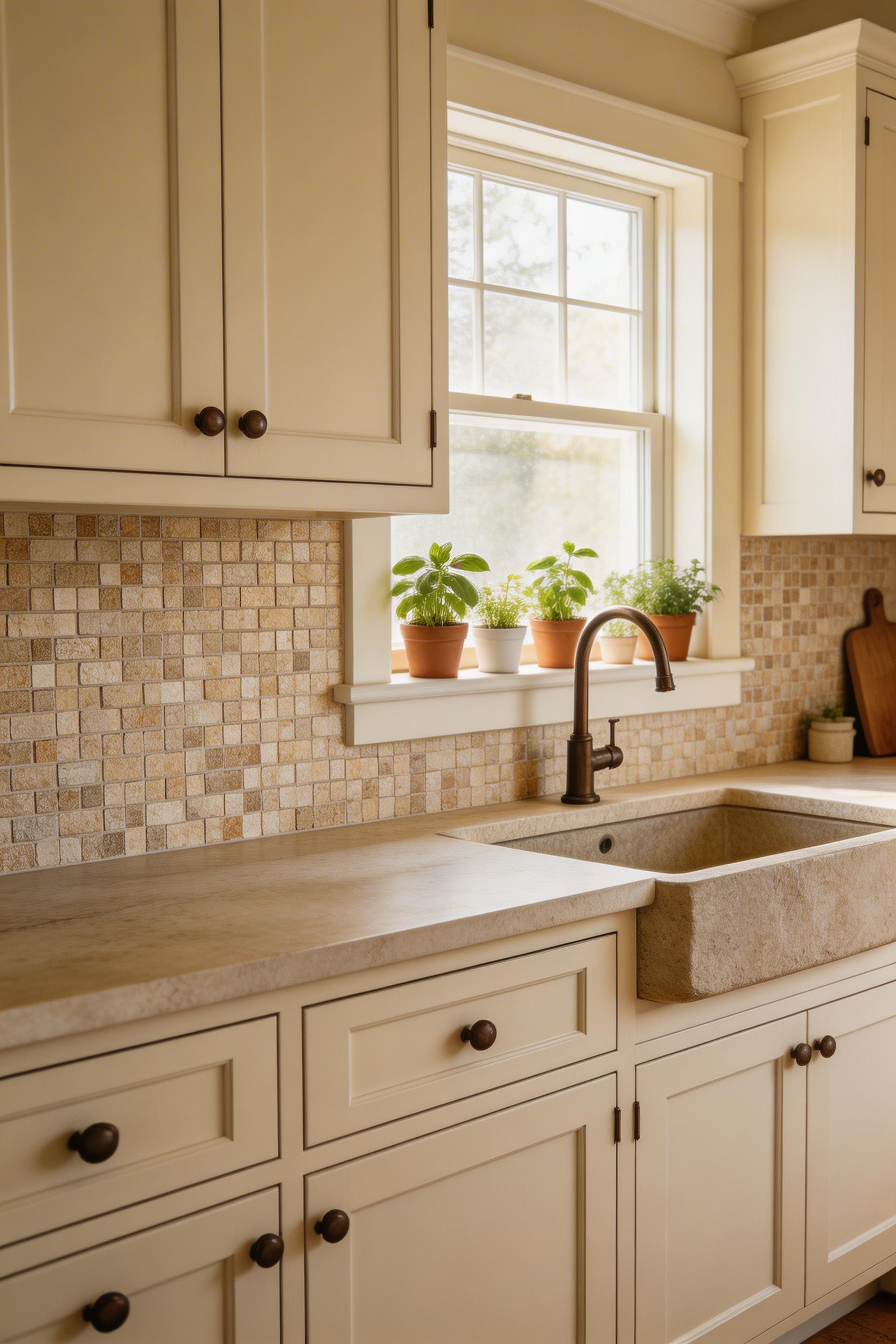 Tumbled travertine mosaic creates a farmhouse kitchen backsplash with real geological character — every tile varies slightly, making the whole surface feel genuinely handcrafted.