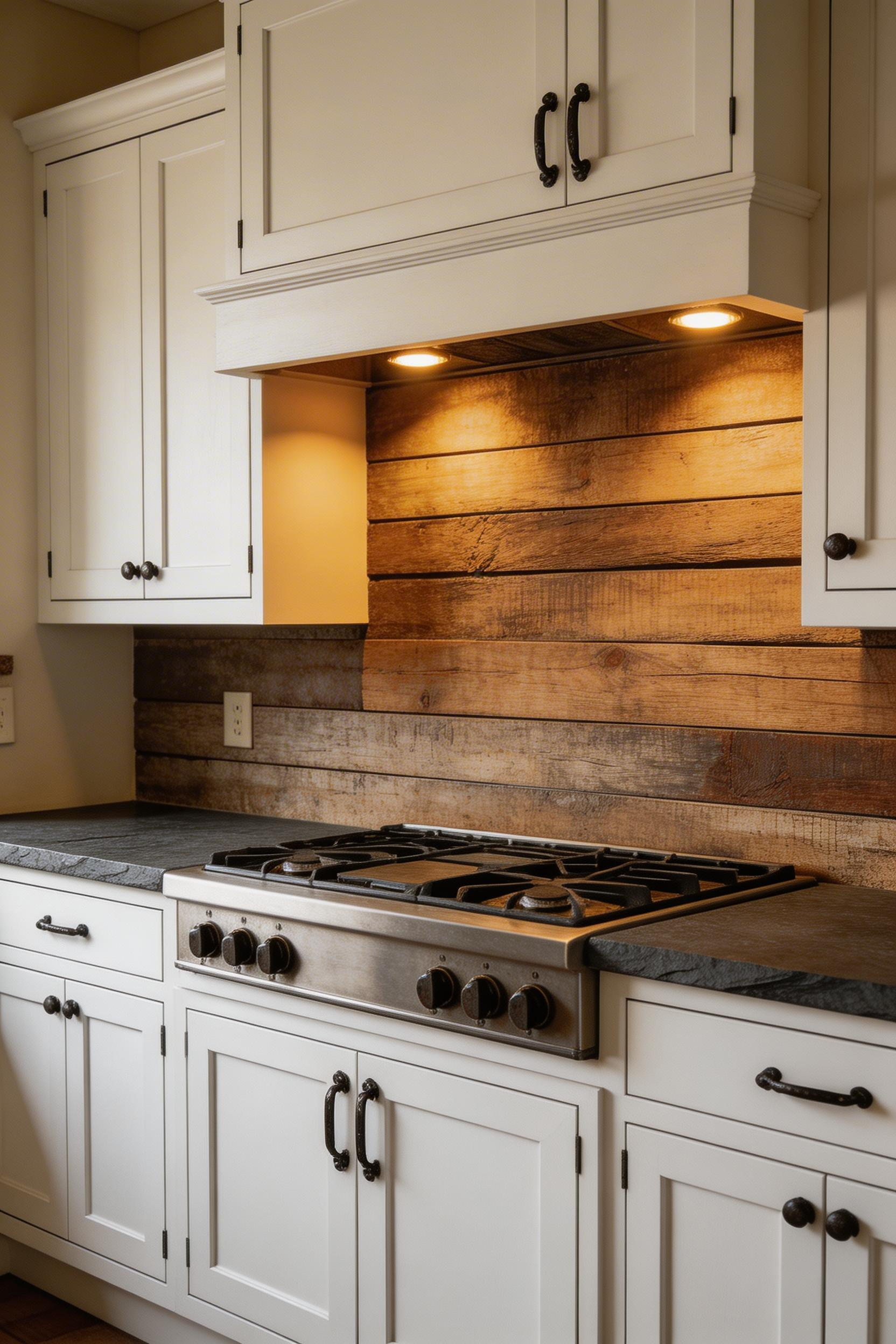 Reclaimed wood planks bring irreplaceable character to a farmhouse kitchen backsplash — the nail holes and weathering are the point, not a flaw.