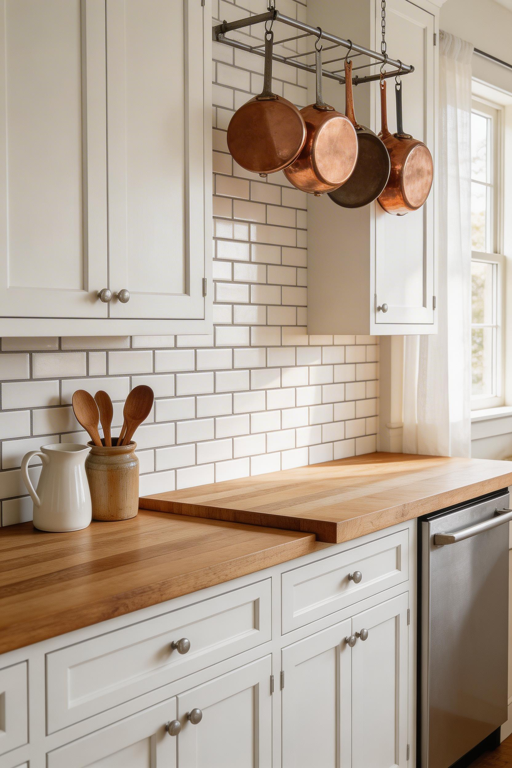 White subway tile in a brick-set layout with warm gray grout — the most reliable farmhouse kitchen backsplash choice, classic without being boring.