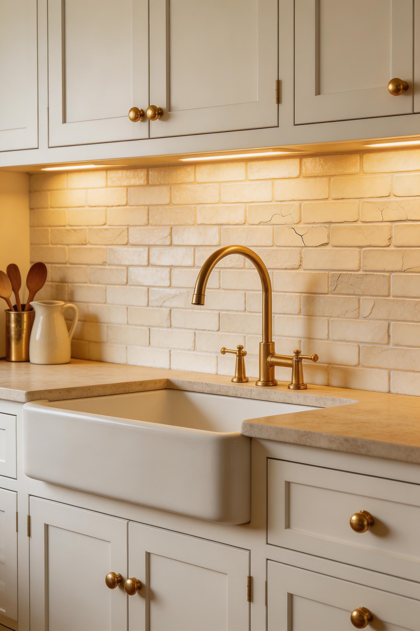 Authentic zellige tile brings genuinely handmade Moroccan craft to the farmhouse kitchen backsplash — the variation in thickness and crackle finish is what makes it beautiful.