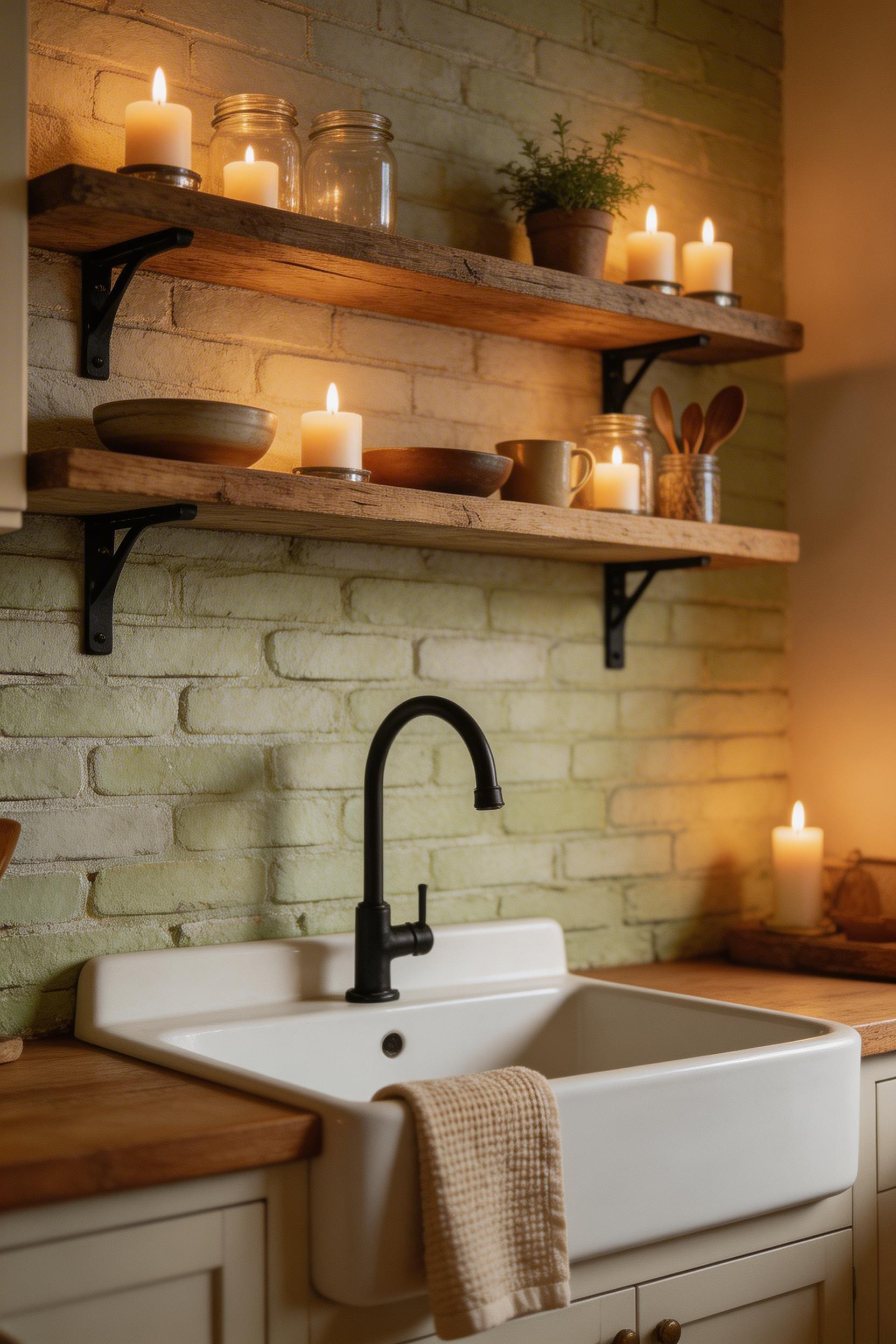 Limewashed exposed brick gives a rustic kitchen backsplash its most authentic farmhouse character — all texture and warmth with no maintenance anxiety.