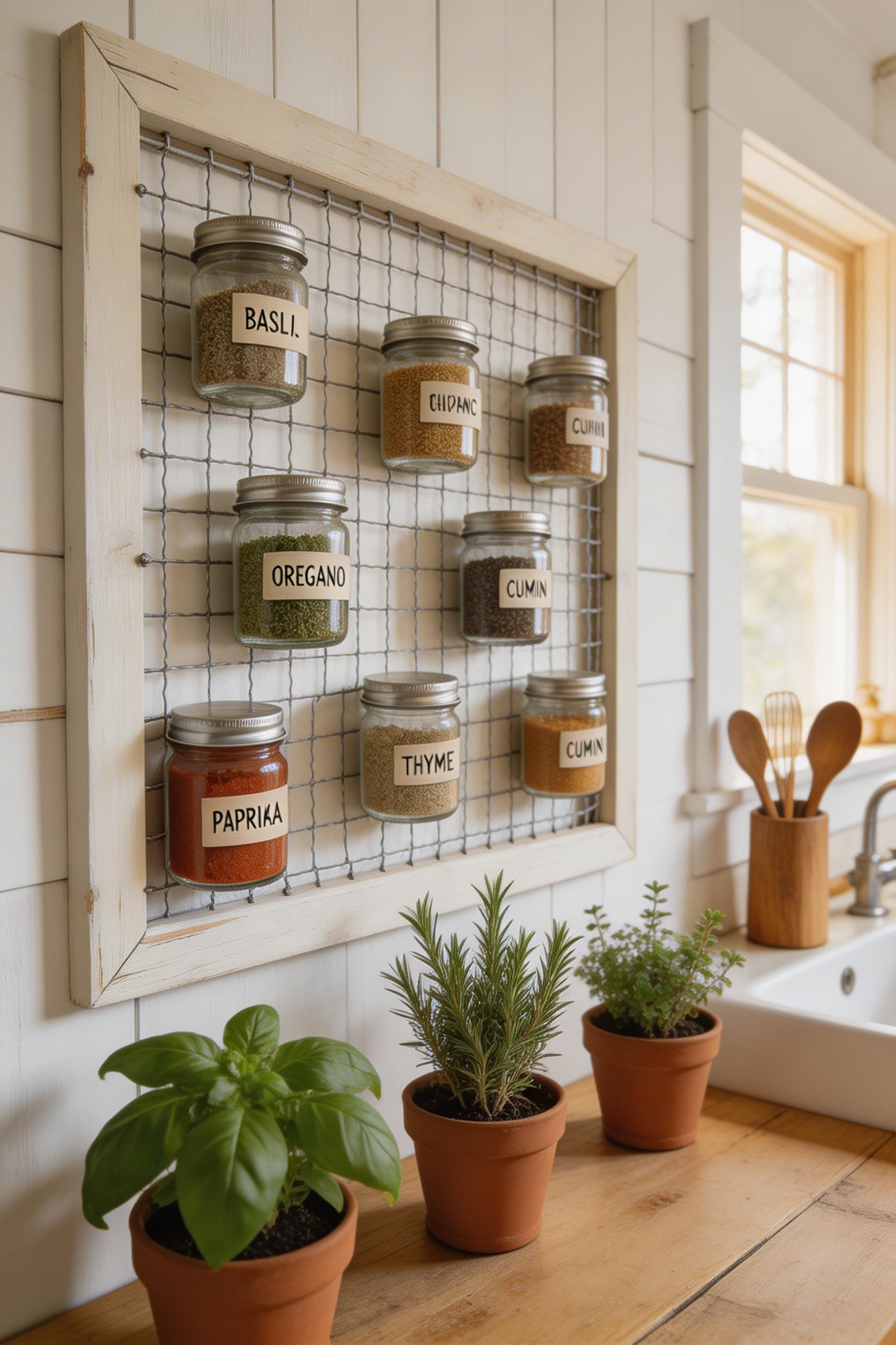 A painted board-and-hardware-mesh panel is the most affordable and functional farmhouse kitchen backsplash option — under $80 and doubles as an organizer.