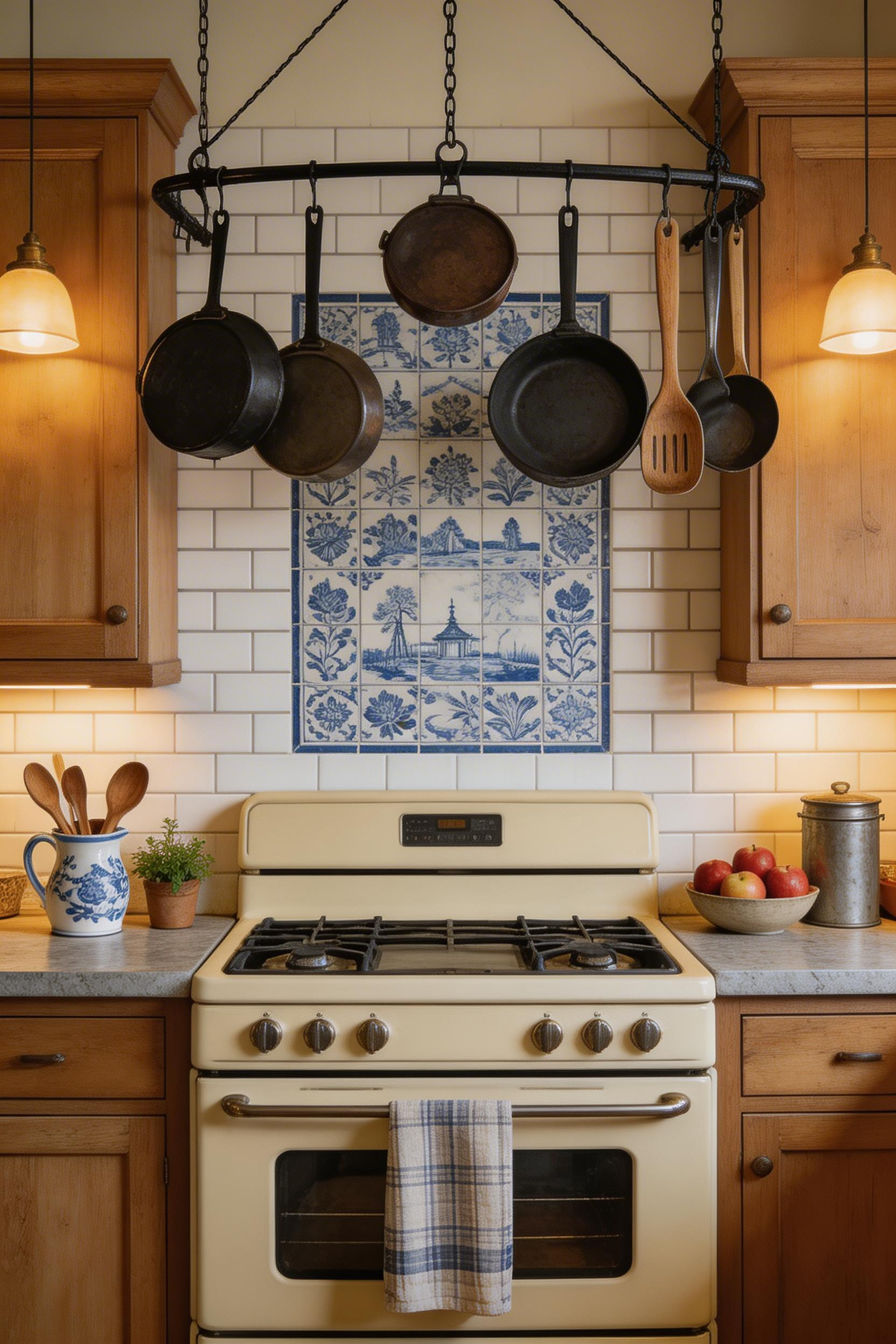 A panel of hand-painted Delft tiles among plain white subway tile creates an heirloom farmhouse backsplash that looks collected over decades.